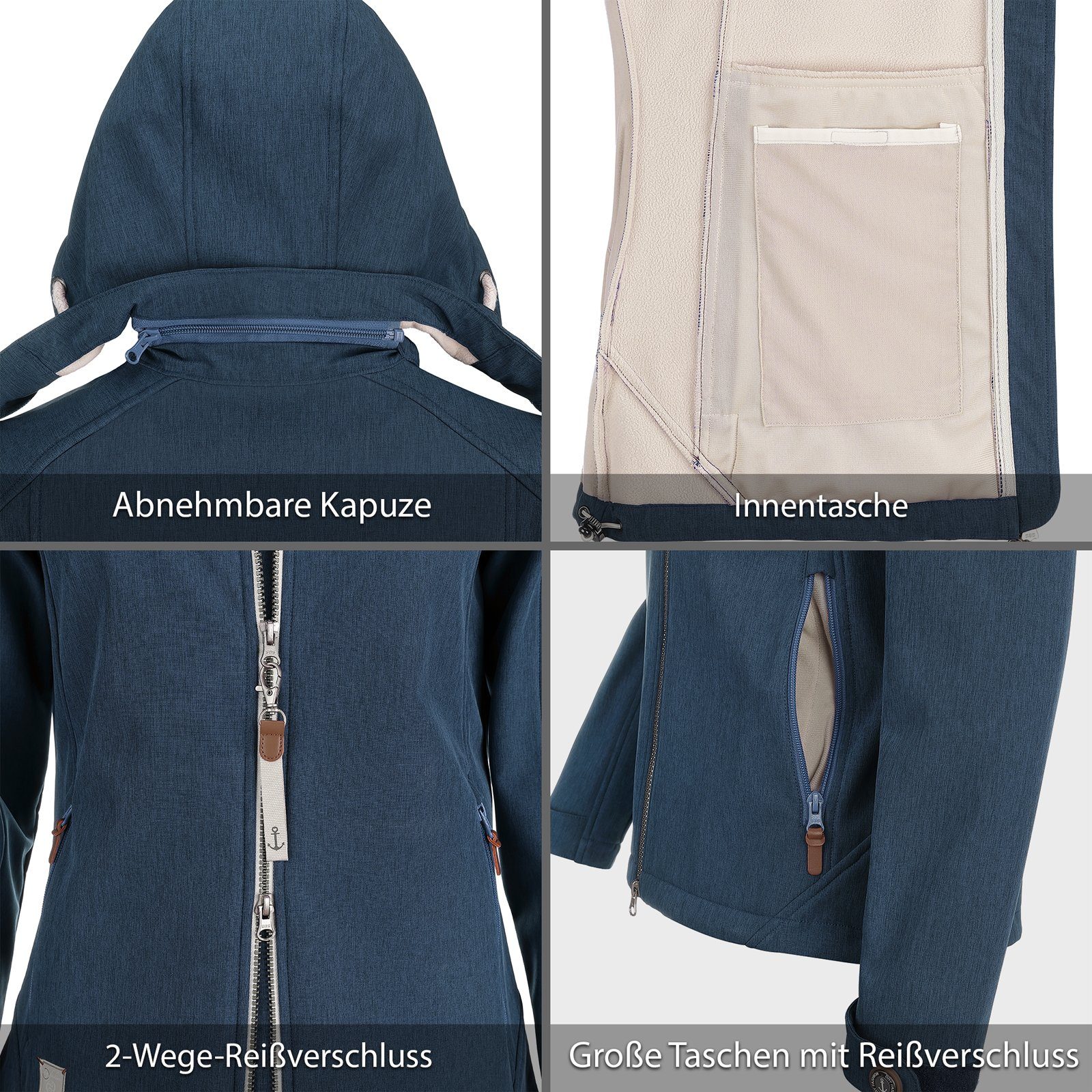 Dry Fashion Softshelljacke Damen Jacke Kapuze Damp - melange mit wasserabweisend meliert atmungsaktiv & navy