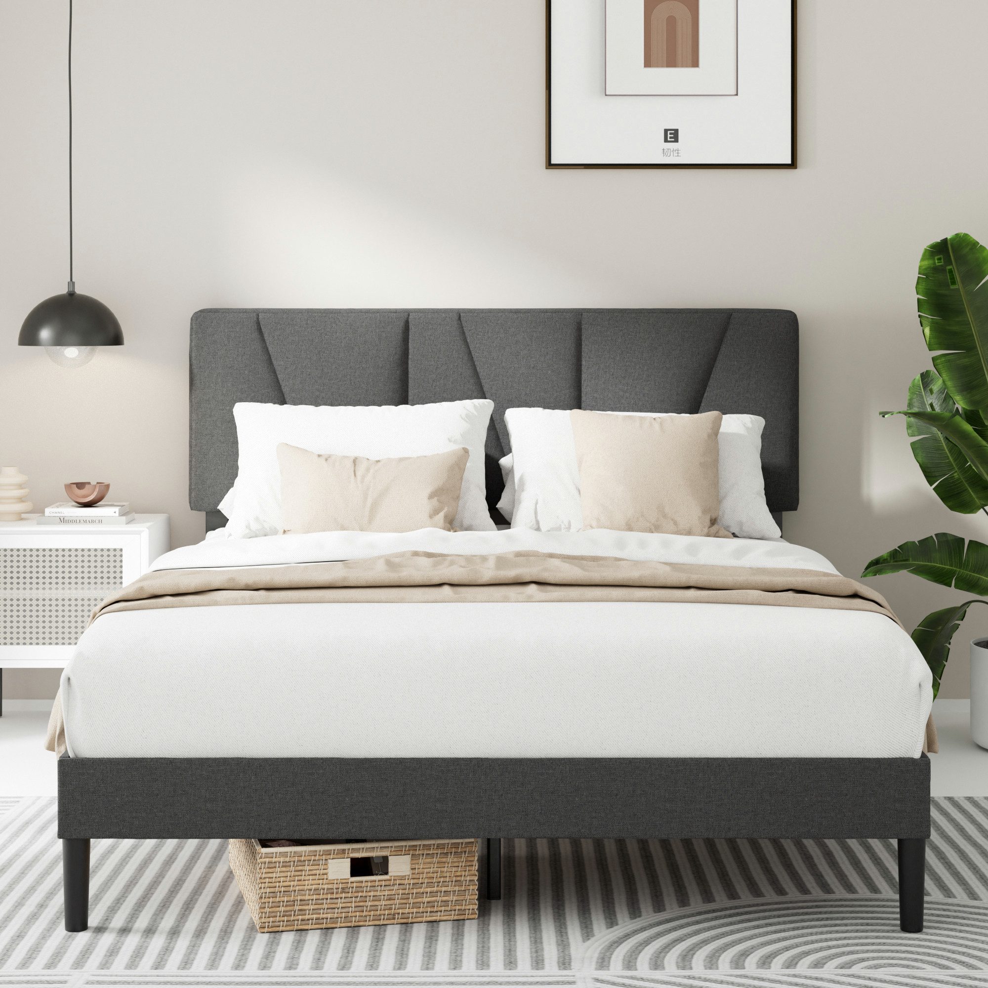 ZINUS Polsterbett Maya mit modernen Kopfteil und Lattenrost 140x200cm (Packung, 1-tlg., Bettgestell, Dunkelgrau, 140x200 cm), Kinderleichte Montage