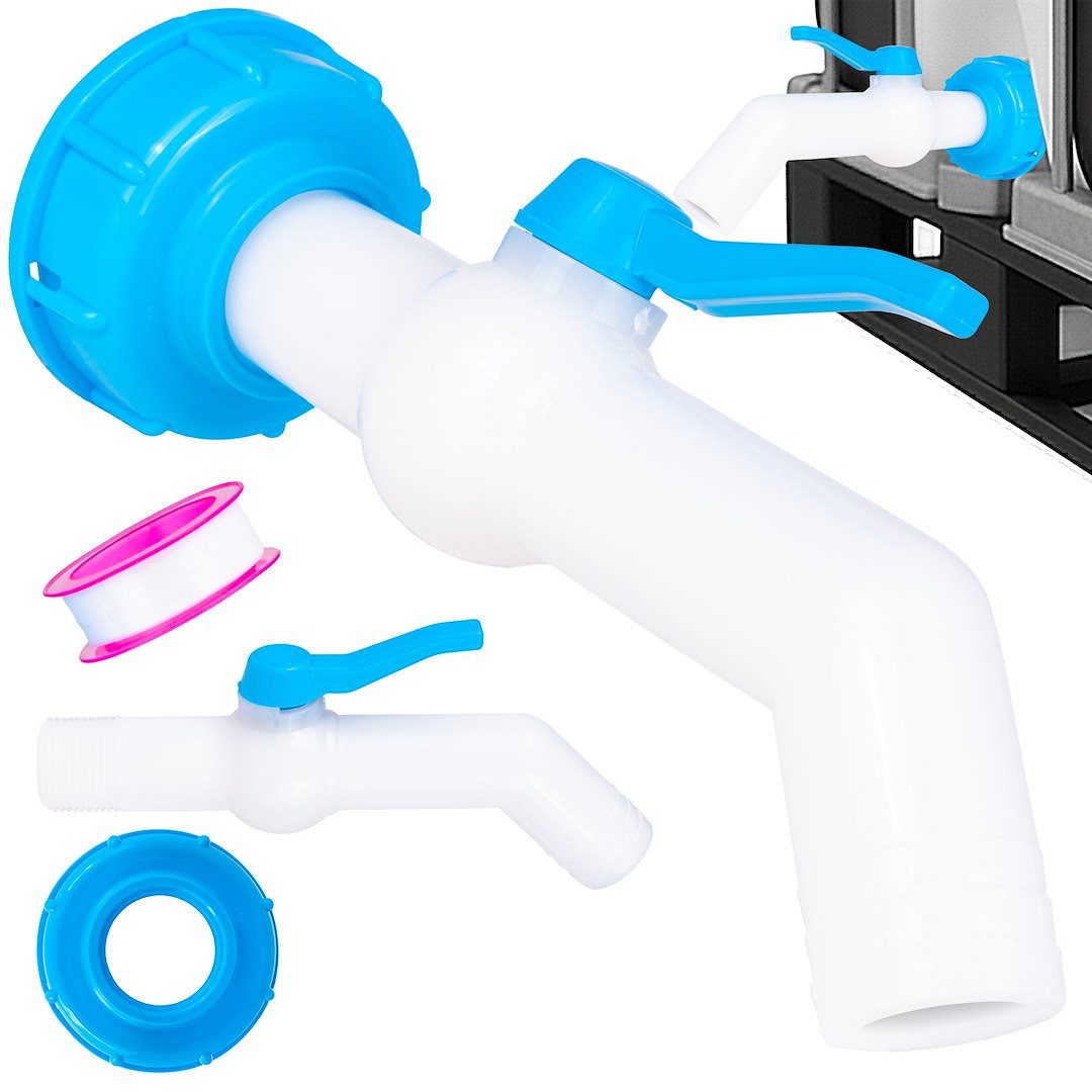 Garronda Auslaufventil IBC Schlauchhahn Set S60x6 mit Schlauchanschluss Kugelhahn GD-0218, (IBC Auslaufventil), Hanh-plastik S60x6 auf 32 mm 45°, 1x Rolle Teflon Abdichtband