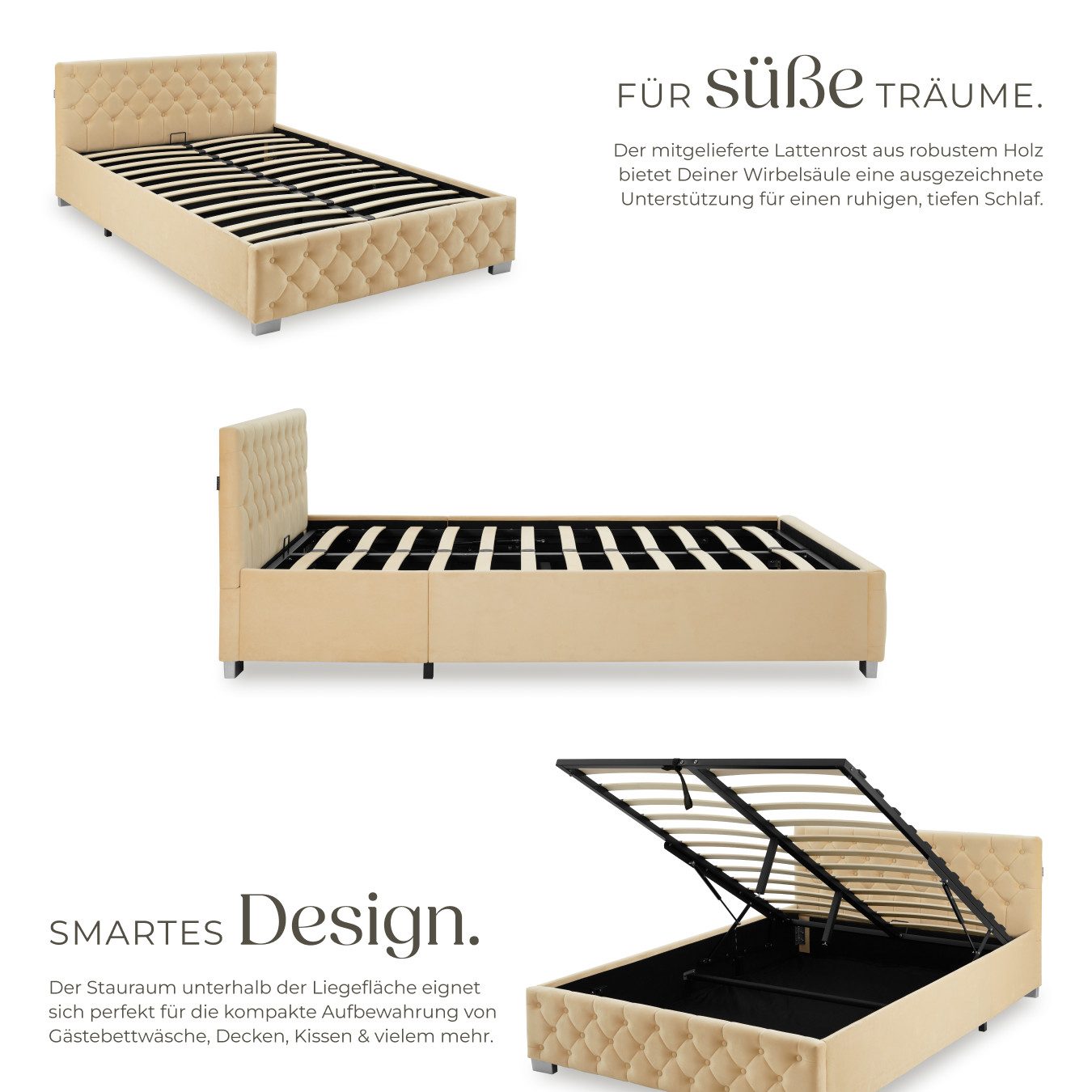 tectake Polsterbett Komfortbett mit LED-Leisten & Stauraum - Samtoptik mit Steppmuster (Bettset, in Beige), stabiler Stahlrahmen, Belastbarkeit 250 kg