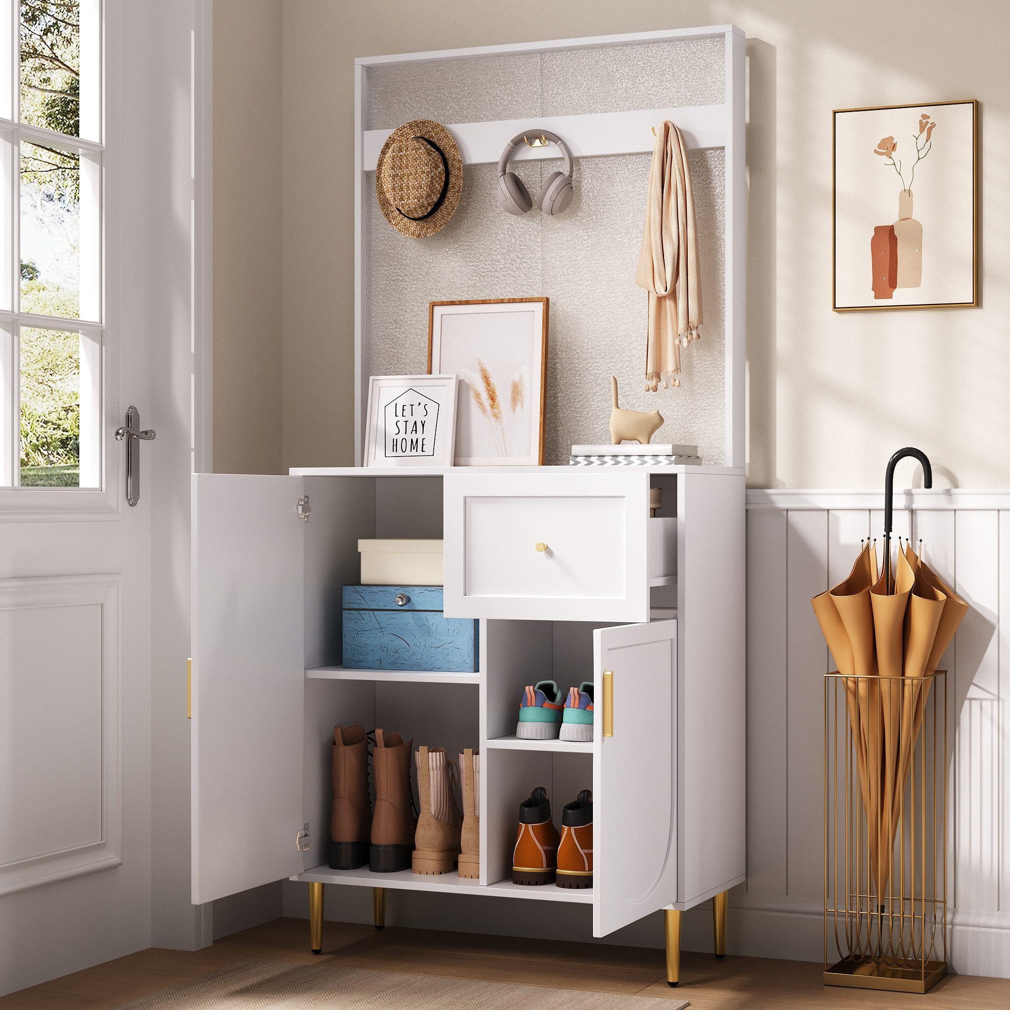 Refined Living Garderoben-Set Kompakte Flurgarderobe 80x35x175,5 cm mit Soft-Close, Weiß Gold, (Kompaktgarderoben, Flurgarderobe, Dielenschrank, Wandschrank, Regal, Diele & Flur Möbel, Kleiderschrank, Paneelen Design, Schuhschrank, 1-St., Garderoben Set, 80x35x175,5 cm, Weiß + Gold, MDF + Metallbeine), Soft-Close, verstellbare Böden, Haken, geriffelte Paneele
