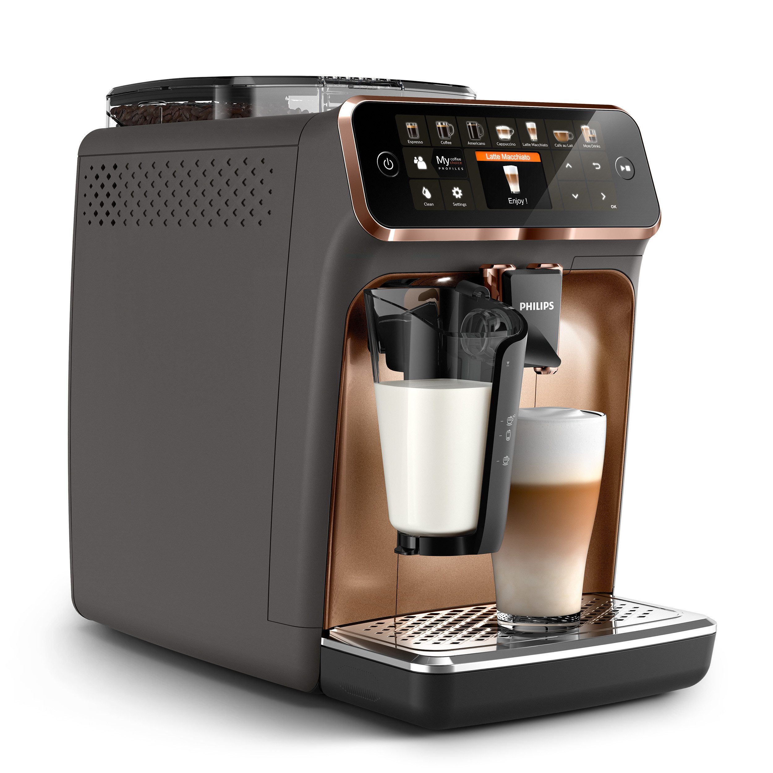 Philips Kaffeevollautomat 5400 Series EP5144/70, mit LatteGo-Milchsystem, 12 Kaffeespezialitäten und 4 Benutzerprofilen; Grau/Kupfer verchromt