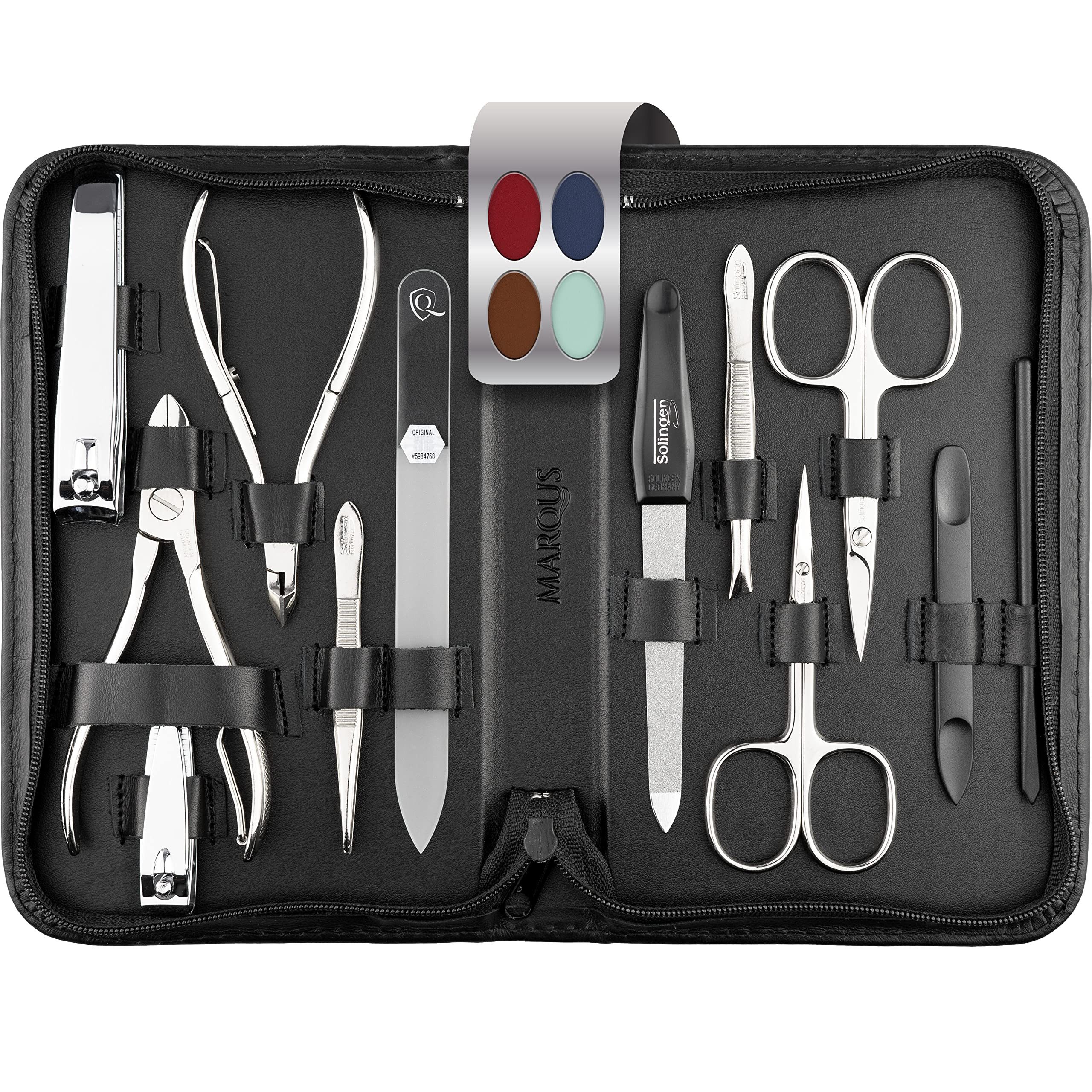 marQus Maniküre-Pediküre-Set 12 Teile in Echt Leder Etui handlich und weich, 12-tlg., Komplett Kit mit allem für die Hand- und Fußpflege, Nagelset