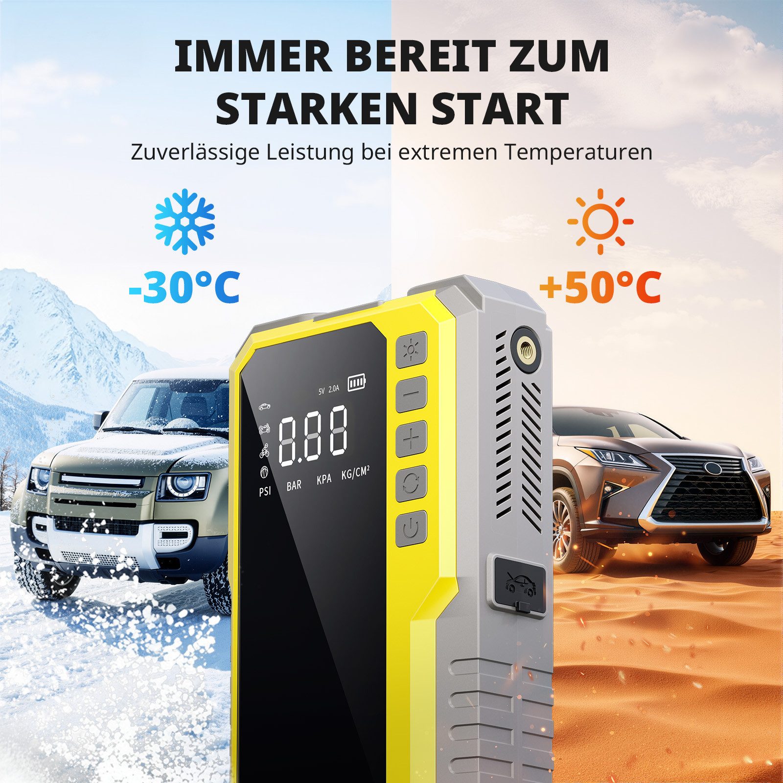 KARLXTOM Starthilfe Powerbank Auto 4500A16800mAh(12V),4-in-1 Starthilfegerät, 190PSI Luftkompressor(5 Modi),10L Benzin Oder 9L Diesel
