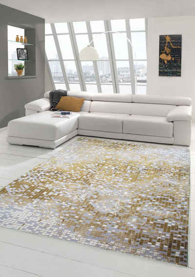 Teppich Designer Teppich Wohnzimmer Kurzflor Kariert in Senfgelb Creme, Teppich-Traum, rechteckig, Höhe: 13 mm