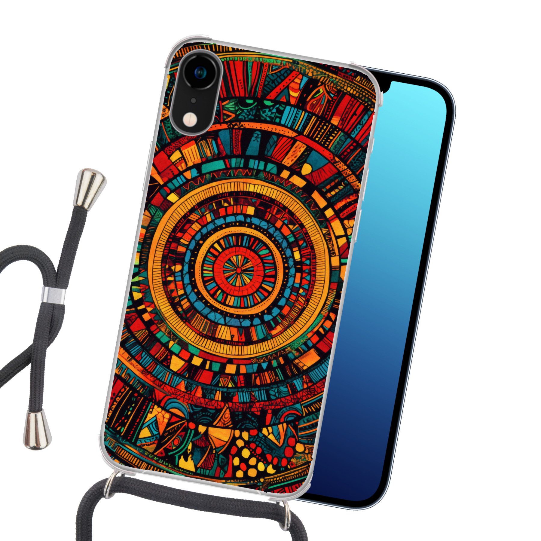 MuchoWow Handyhülle für Apple iPhone XR Mandala - Kreise - Muster, Tragbare Handyhüllen mit Kette zum umhängen, Handykette Handyband