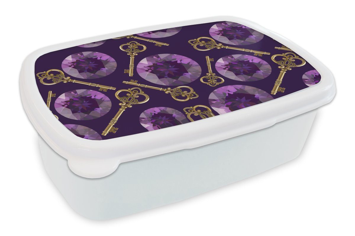 MuchoWow Lunchbox Edelstein - - - Brotbox Brotdose, und Muster für für Gold und Mädchen Kinder Erwachsene, Schlüssel, Jungs (2-tlg), weiß Kunststoff