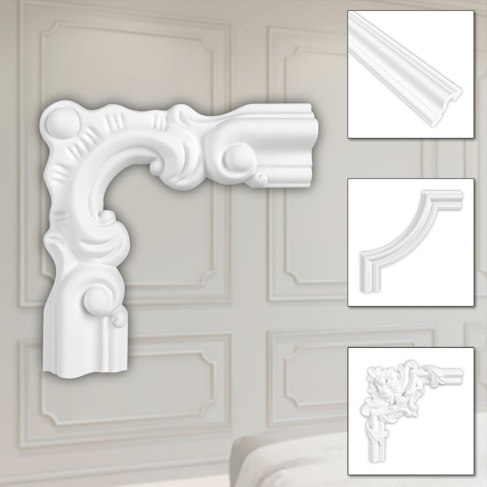 Hexim Zierleiste HCR502-3, 2 Ecken, HEXIM Eckstück aus PU-Polyurethane - extrem widerstandsfähig, schneeweiß & modern (2 Stück HCR502-3) Stuckleiste Segment Eckstück Eckleiste Beständig HCR502-3 - 107 x 107 mm