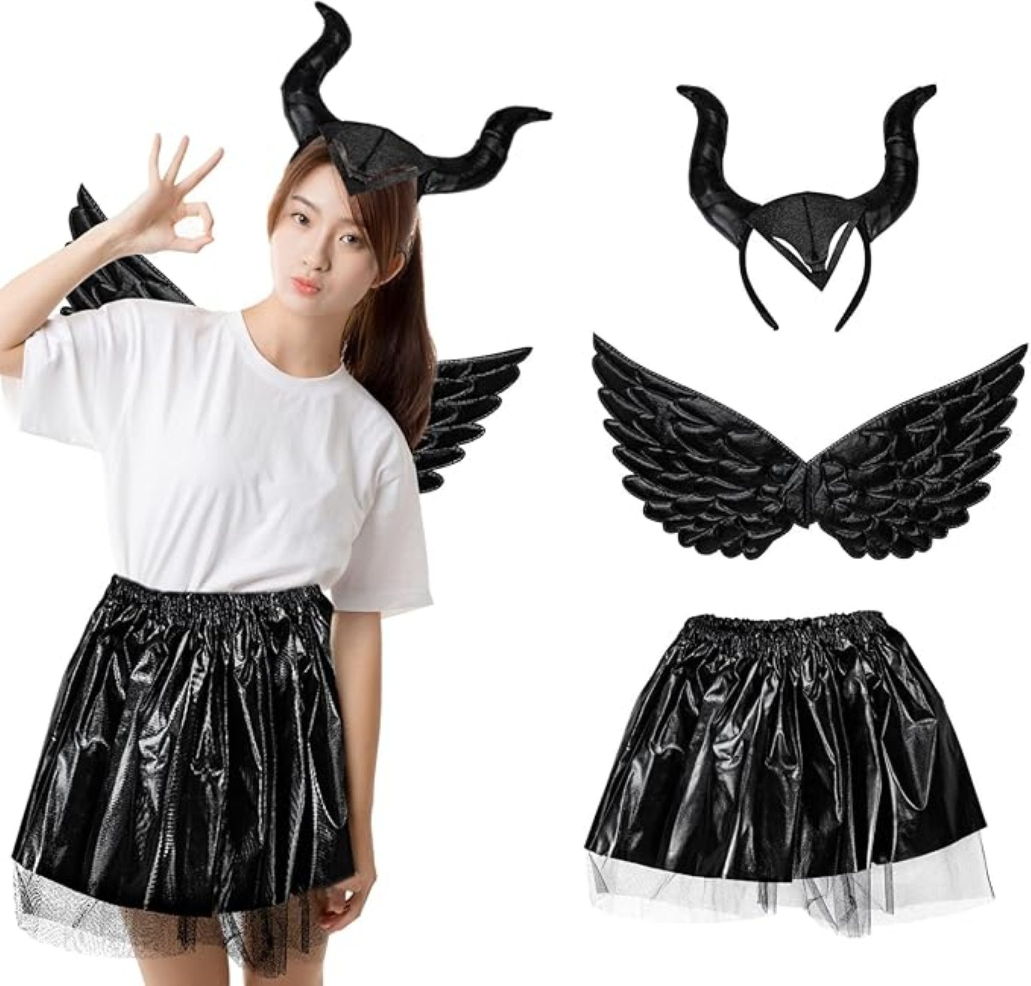 LA CUTE Kostüm Kinder Hexenkostüm Maleficent – Tutu, Hörner & Flügel für Halloween, Dreidimensionale Hörner & voluminöse Flügel für realistischen Look