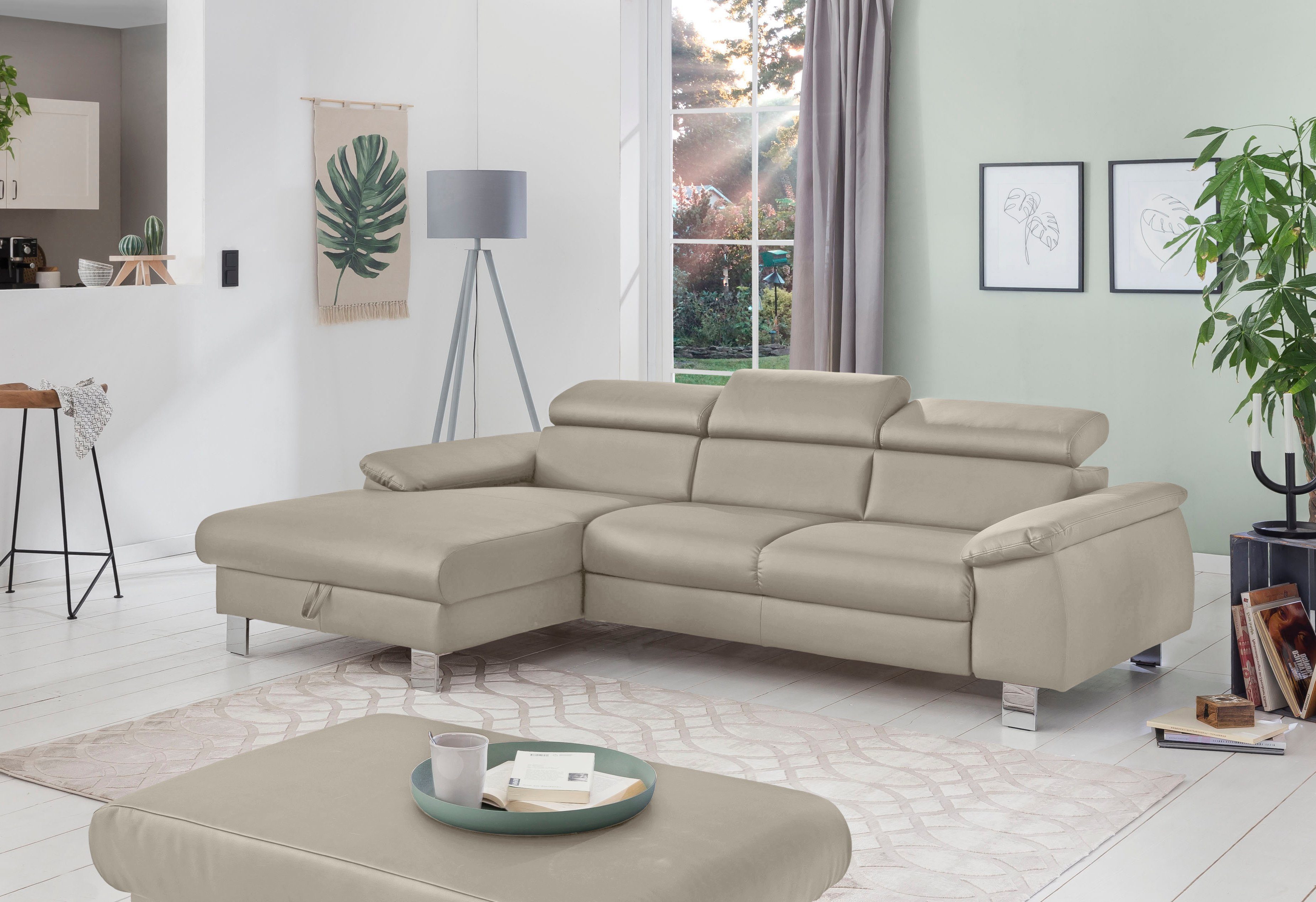 COTTA Ecksofa Komaris L-Form mit Kopfteilverstellung, wahlweise mit Bettfunktion, Bettkasten & Beleuchtung