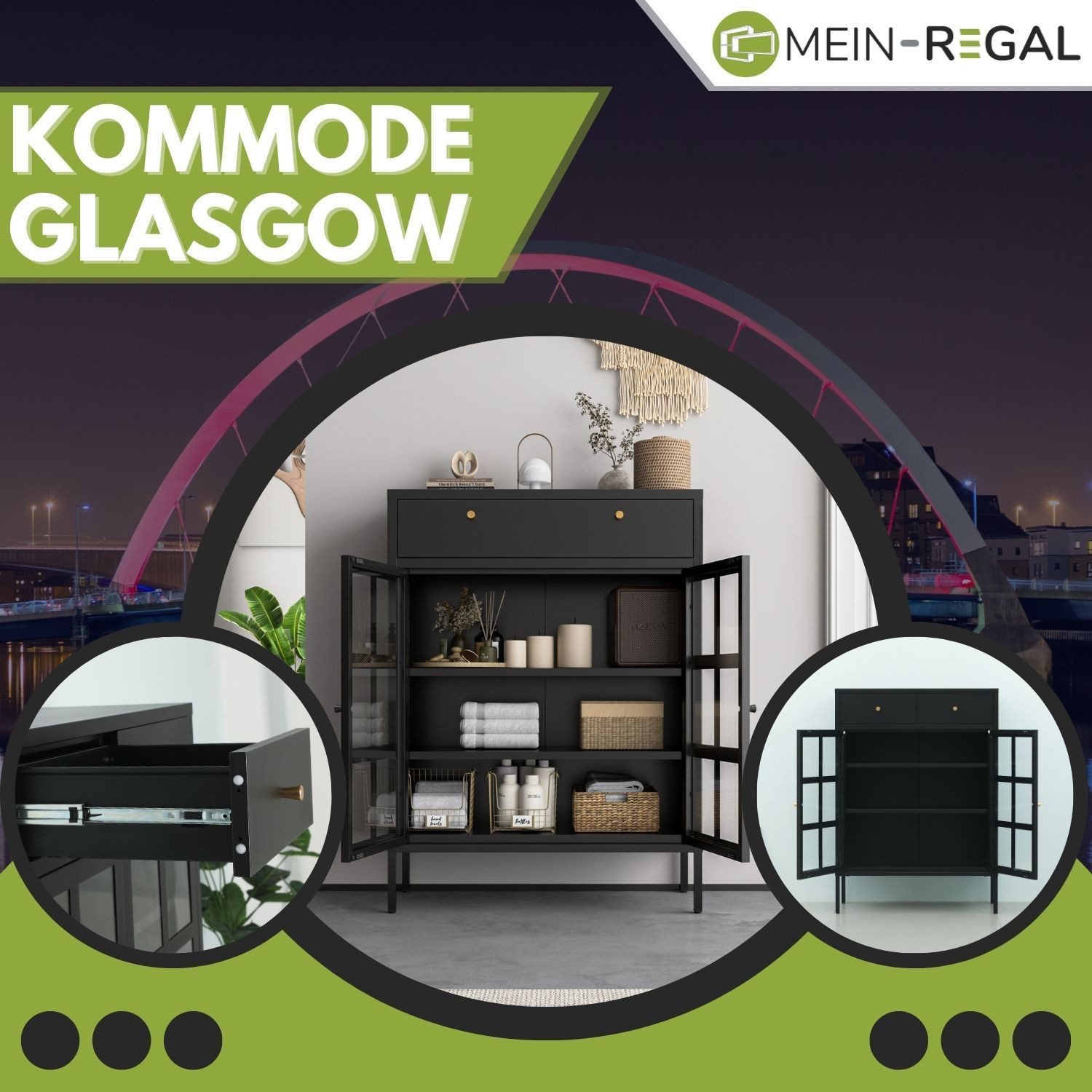 Mein-Regal Sideboard GLASGOW, Schwarz Wohnzimmer Highboard Kommode aus Metall Glastüren Schubladen
