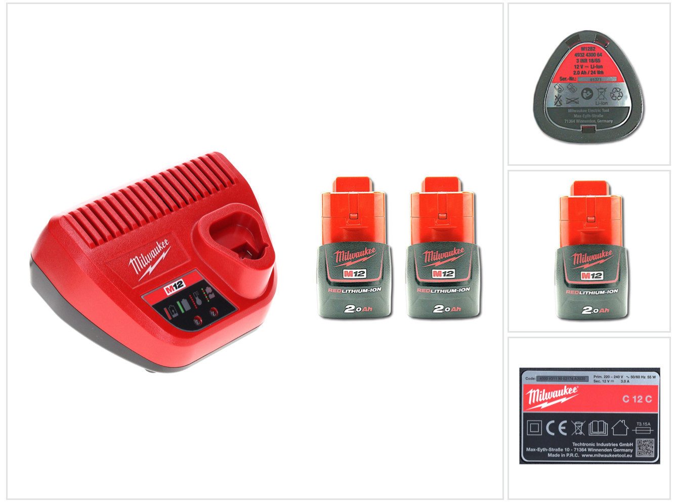 Milwaukee Akku Starter Set 12 V mit 2x Akku 2,0 Ah + M12 C12C Ladegerät Akkupacks