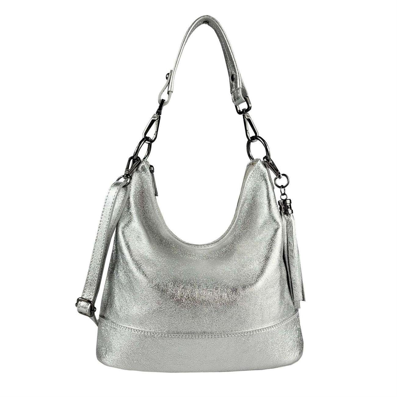 ITALYSHOP24 Schultertasche Made in Italy Damen Leder Tasche Shopper, als Handtasche, CrossOver, Umhängetasche tragbar Silber | Schultertaschen
