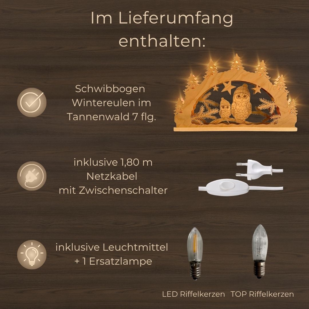 Weigla Schwibbogen Wintereule im Tannenwald, Lichterbogen aus Holz, NATUR