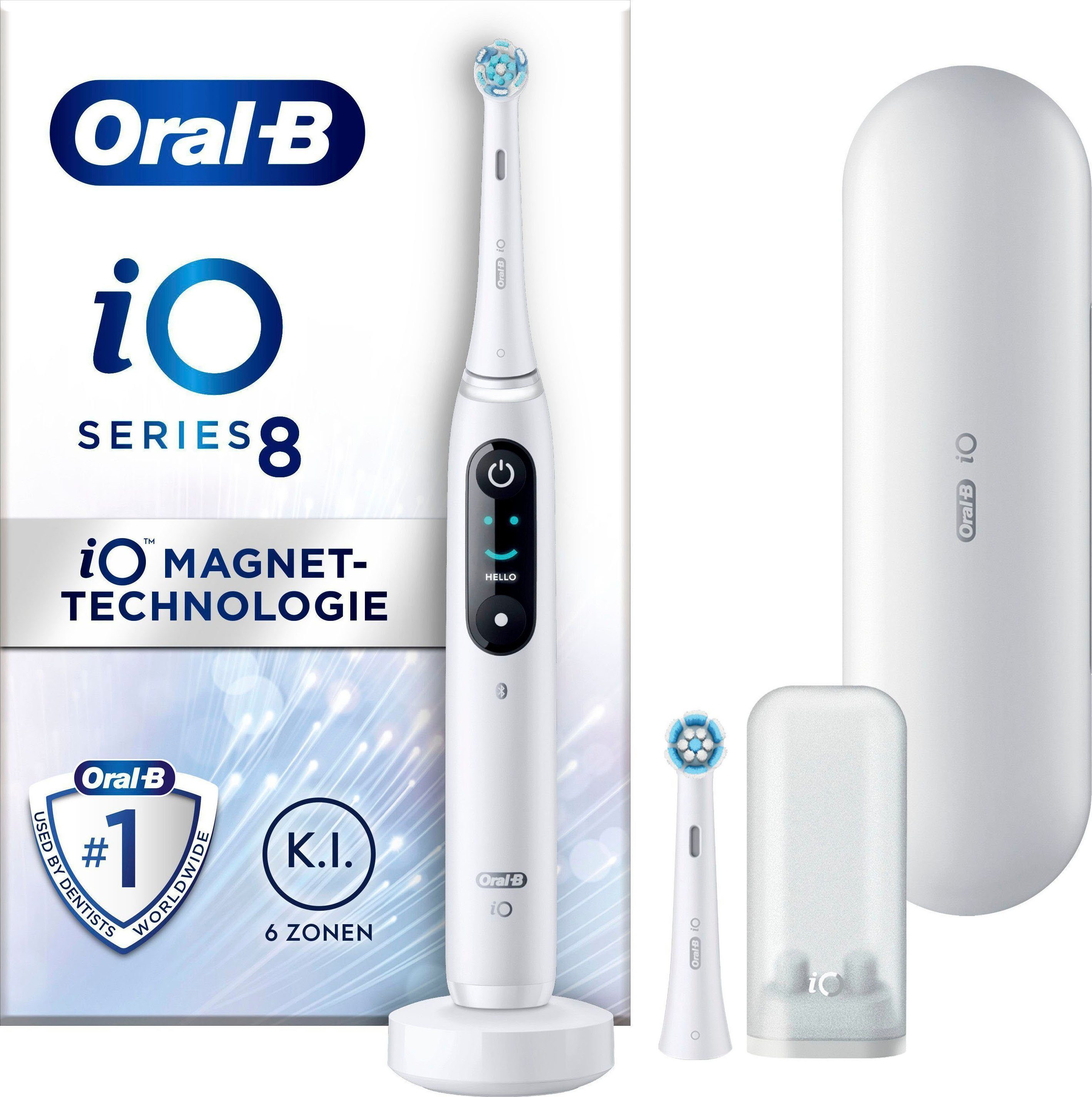Oral-B Elektrische Zahnbürste iO 8, Aufsteckbürsten: 2 St., mit Magnet-Technologie, 6 Putzmodi, Farbdisplay & Reiseetui white alabaster