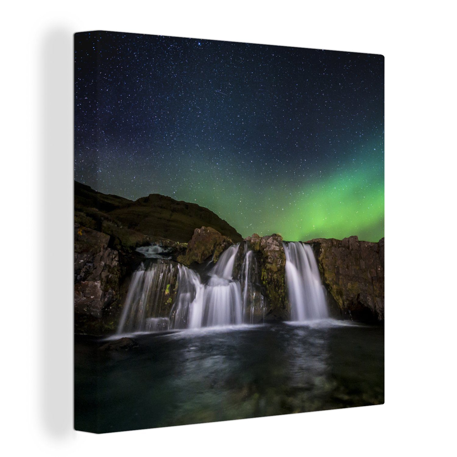 OneMillionCanvasses® Leinwandbild Nordlicht - Wasserfall - Island - Natur, (1 St), Leinwand Bilder für Wohnzimmer Schlafzimmer | Leinwandbilder