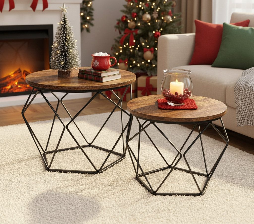 VASAGLE Couchtisch (2er Set), Beistelltisch, abnehmbare Tischplatte, Ø50x40cm+Ø40x36cm