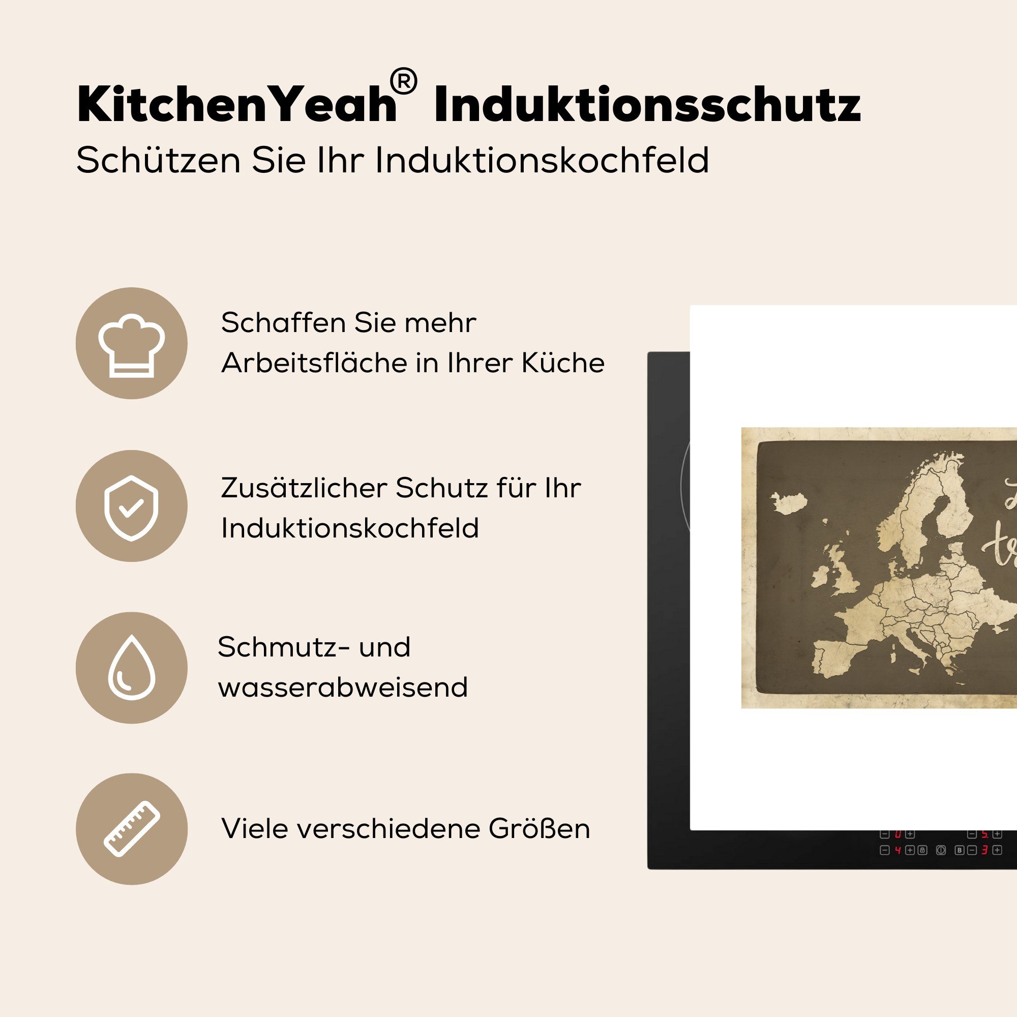 78x78 Zitate, Vintage Arbeitsplatte MuchoWow - Ceranfeldabdeckung, cm, Europa (1 Vinyl, Karte Herdblende-/Abdeckplatte für küche tlg), -