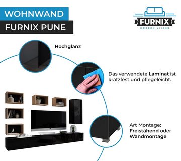 Furnix Wohnwand PUNE37 Möbelwand 8 teilig, Mediawand 300 cm Hochglanz, Segment hängend oder stehend- Stellfüße aus Metall inklusive, ohne LED