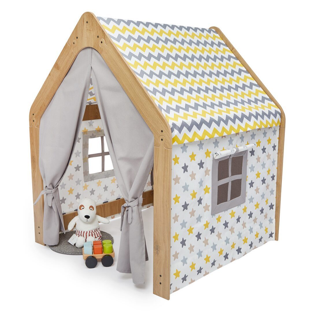 COZYCOLLECTIONS Spielzelt Montessori Spielhaus Naturholz, mit Stoffzelt – gelb/grau (Kinder-Spielhaus / Spielzelt aus Holz (1-teiliges Set), 1-tlg., 1 Spielhaus aus Holz inkl. abnehmbarem Stoffbezug (Tür & Fenster) Montessori-Spielhaus: waschbarer Bezug, Türvorhang & Fenster
