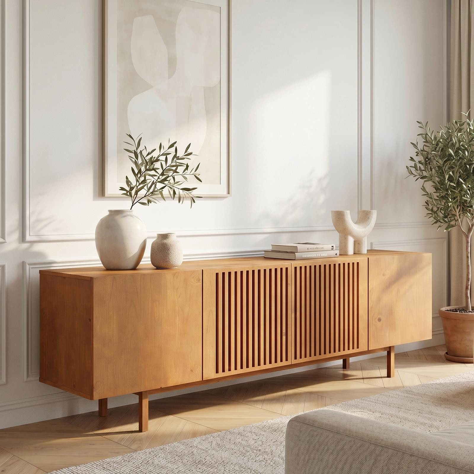 IDIMEX Lowboard LINN, Sideboard 180 cm aus Massivholz mit Lamellentüren Eiche Finish