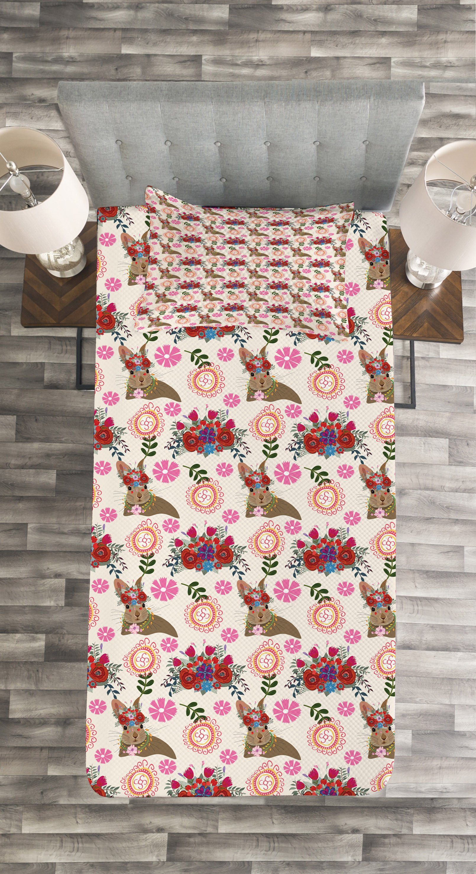 Abakuhaus, Kissenbezügen Tagesdecke Blumen Set mit Waschbar, Hase mit Blumenkopfschmuck