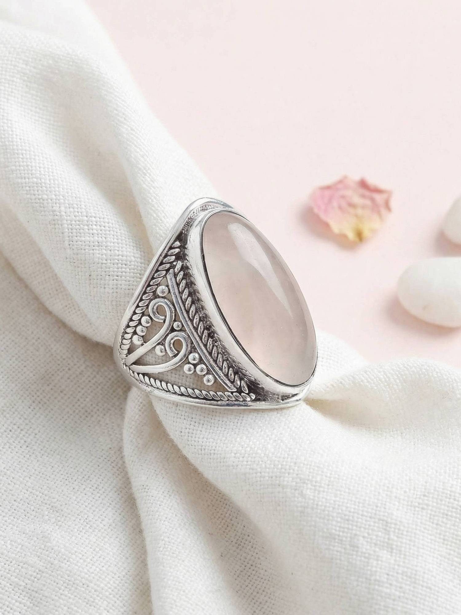 mantraroma Silberring DAHAB oval groß aus 925 Silber mit Rosenquarz (Ring mit Schmuckbeutel), Damenring aus 925er Silber