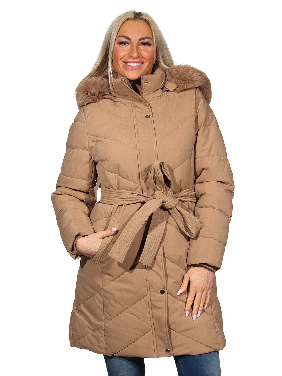 Aurela Damenmode Kurzmantel Steppmantel Damen Mantel diagonal gesteppt mit Bindegürtel mit abnehmbarer Kapuze, und weichem Teddyfutter – Bild 2 von 5