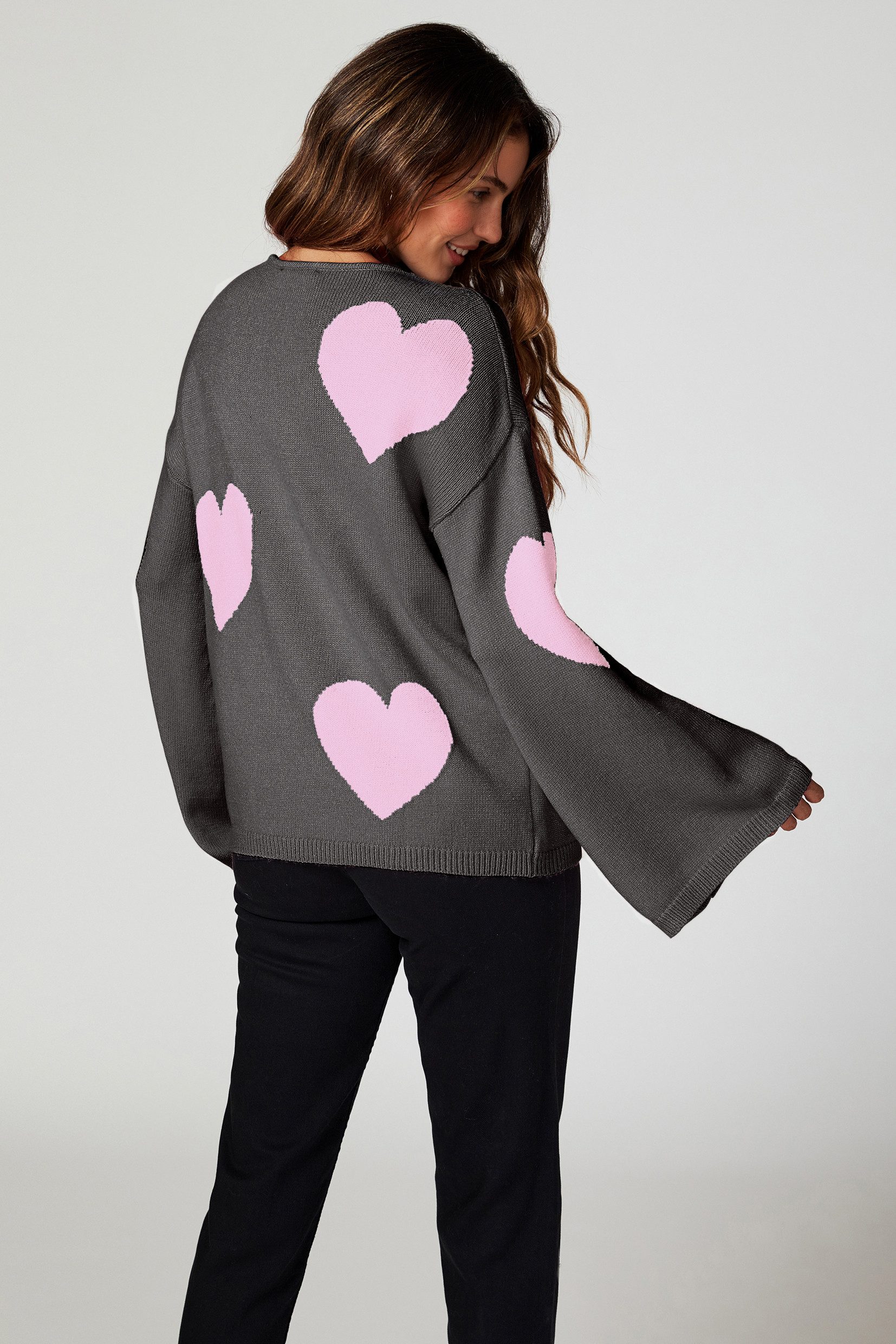 FS Collection Strickpullover Oversize Pullover mit weiten Ärmeln und Herzmuster – Strickwaren (Einheitsgröße: UK 8–12 / EU 36–40, 3 Farben : Rosa - Hellgrau - Dunkelgrau) 100 % Acryl