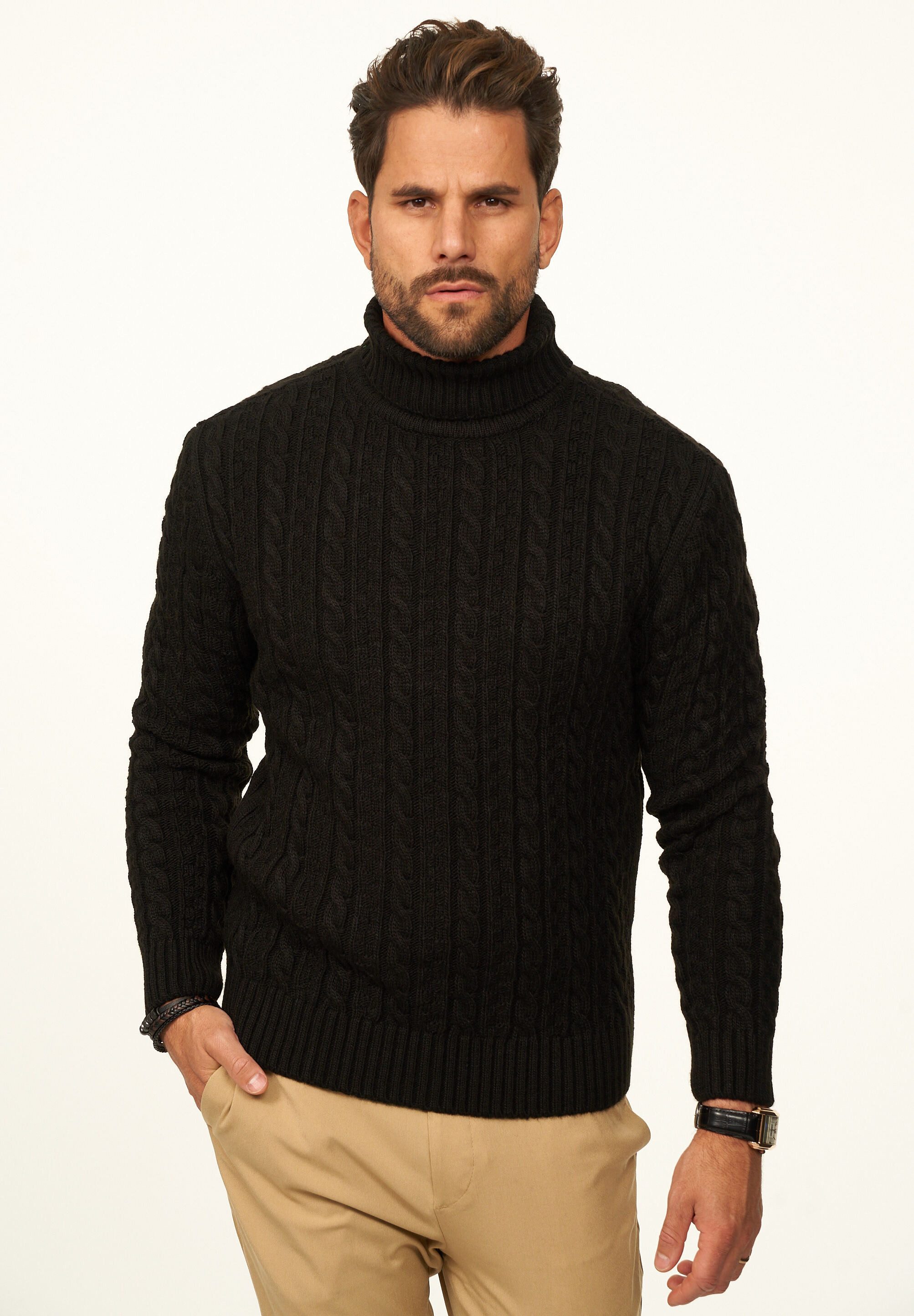 DAILY COTTON Rollkragenpullover als Grobstrick Pulli mit Zopfmuster für Herren Strickpullover für Männer - Winterpullover im Regular-Fit