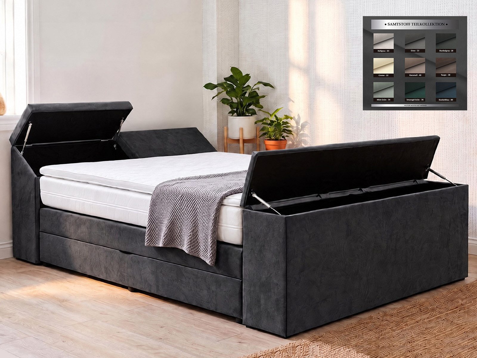 PAARA Boxspringbett Dubai mit Bettkasten Kopfteil Fußteil Stauraum, mit einzigartigem Belüftungssystem