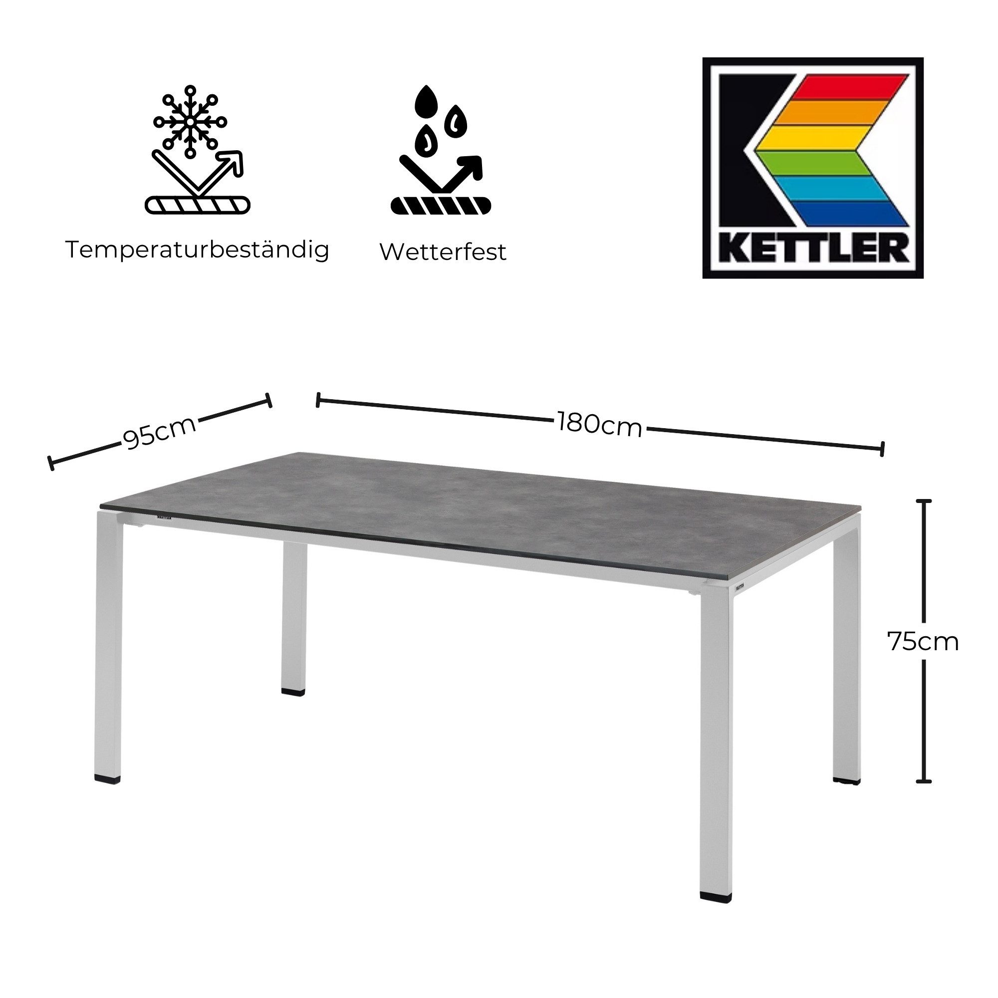 KETTLER Gartentisch Kettler Tisch Set Float Silber Gestell 180 x 95 und Schieferplatte