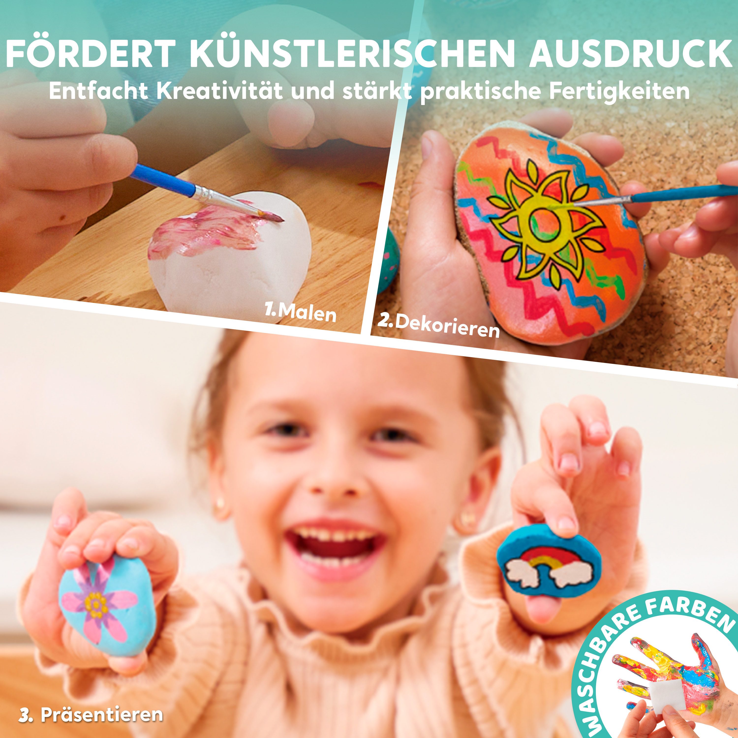 Klever Kits Experimentierkasten Klever Kits 10 Stück Steine Bemalen Set für Kinder mit 18 Farben, (10-tlg) – Bild 3 von 5