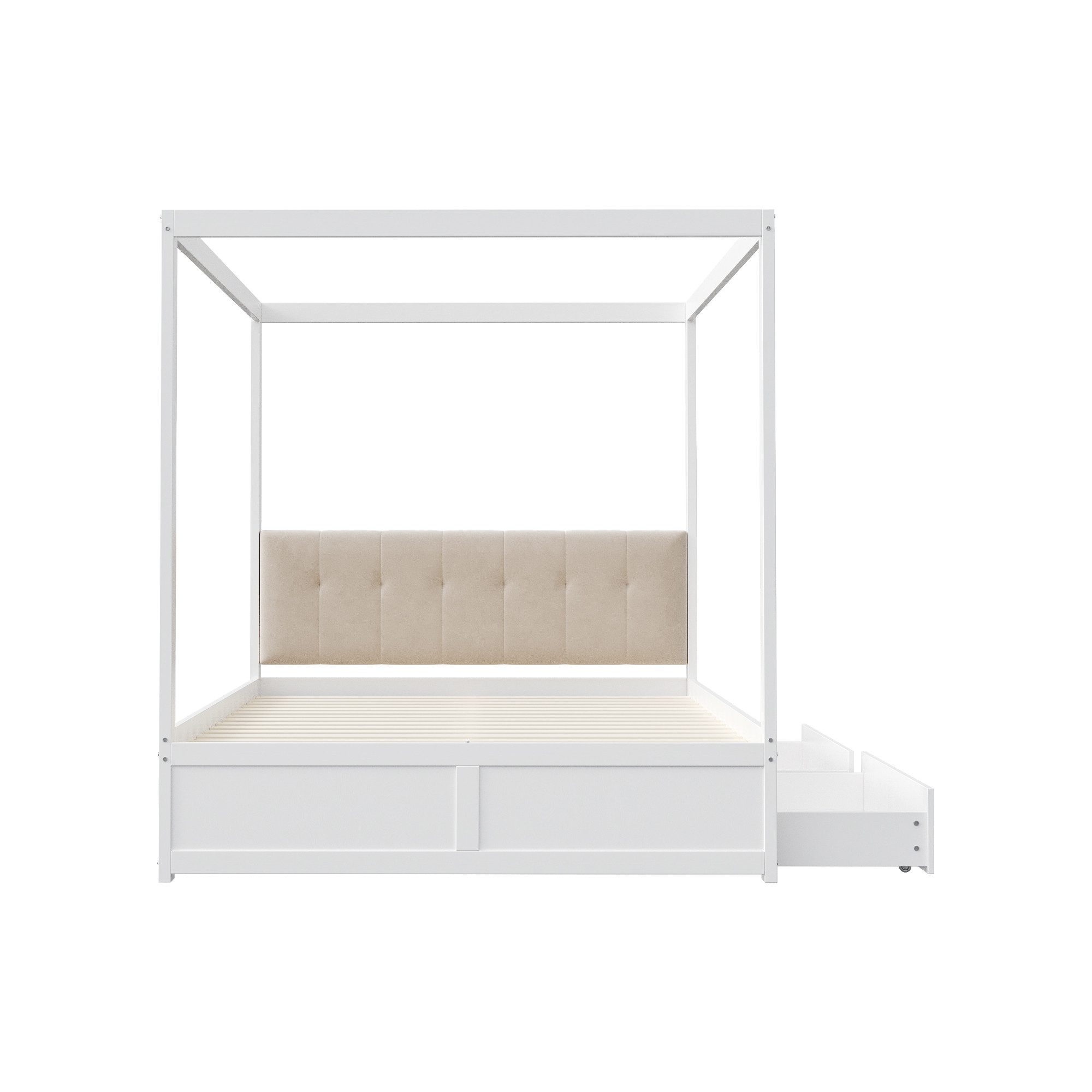 Odikalo Himmelbett Polsterbett Holzbett Schubladen weicher Rückenlehne weiß 140*200cm, Zwei große Schubladen, einfach zu montieren, schlichtes Design