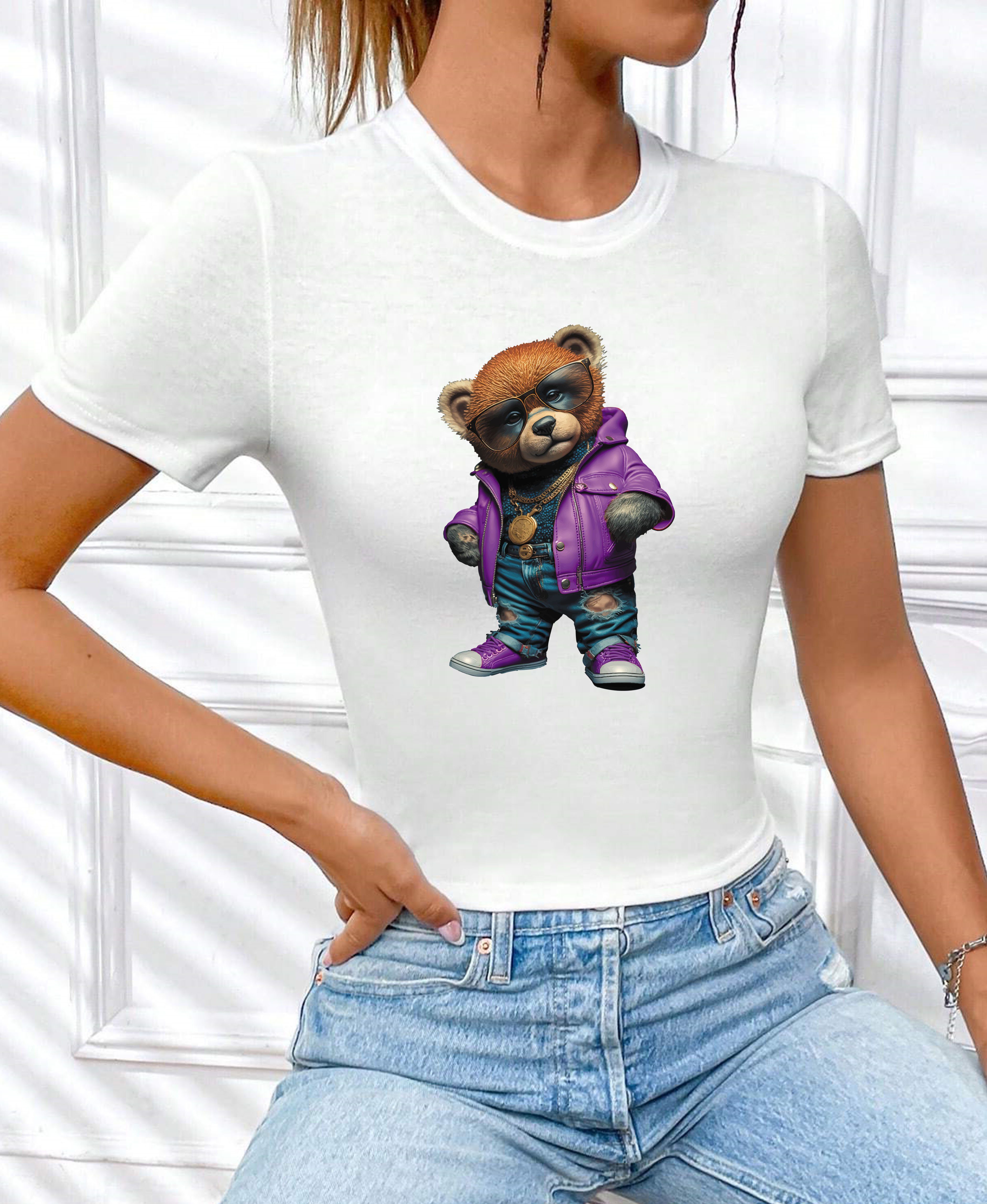 RMK Print-Shirt Damen Shirt kurzarm Rundhalsshirt coolen "Lederjacke Teddy günstig online kaufen