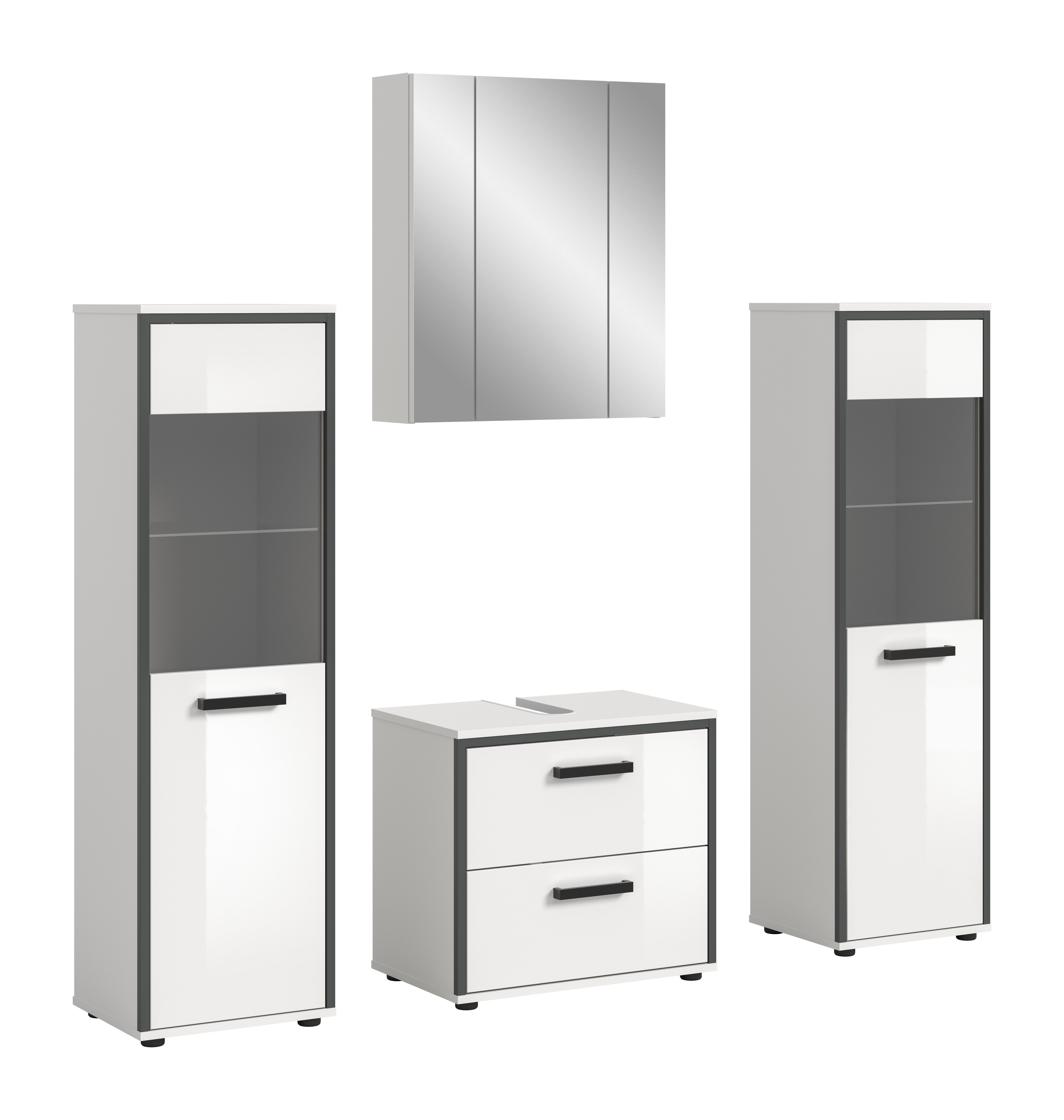 welltime Badmöbel-Set KAJO, 4-tlg. Badkombination, weiß hochglanz, (Set, 4-St., Set, best. aus:2 Midischränken, 1 WBU, 1 Spiegelschrank), Bad-Kombination,Bad-Möbel,Badezimmer,Kombinationen,Kombi