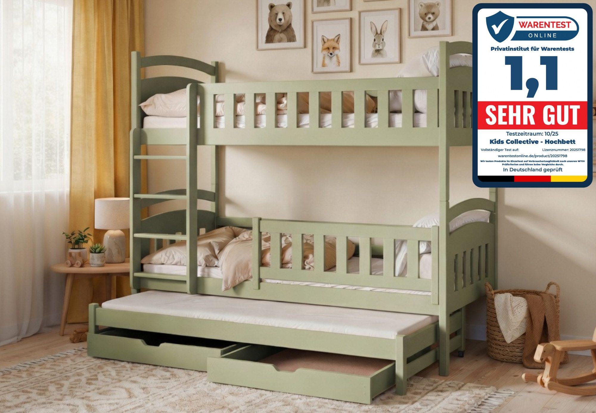 Kids Collective Etagenbett Hochbett Stockbett Kinderbett 90x200 cm mit Ausziehbett und Schubladen (Modell 2025), Umbaubar zu 3 Einzelbetten mit Lattenrosten & Rausfallschutz, Olivgrün
