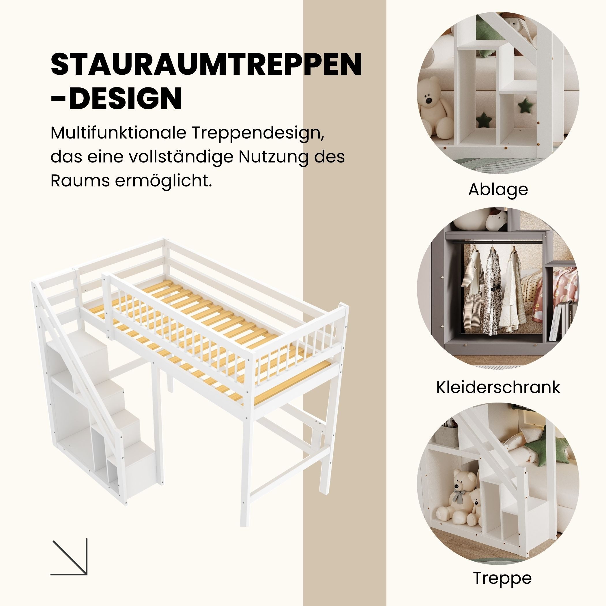 SeedWave Hochbett Holzbett mit Stauraumtreppe und günstig online kaufen