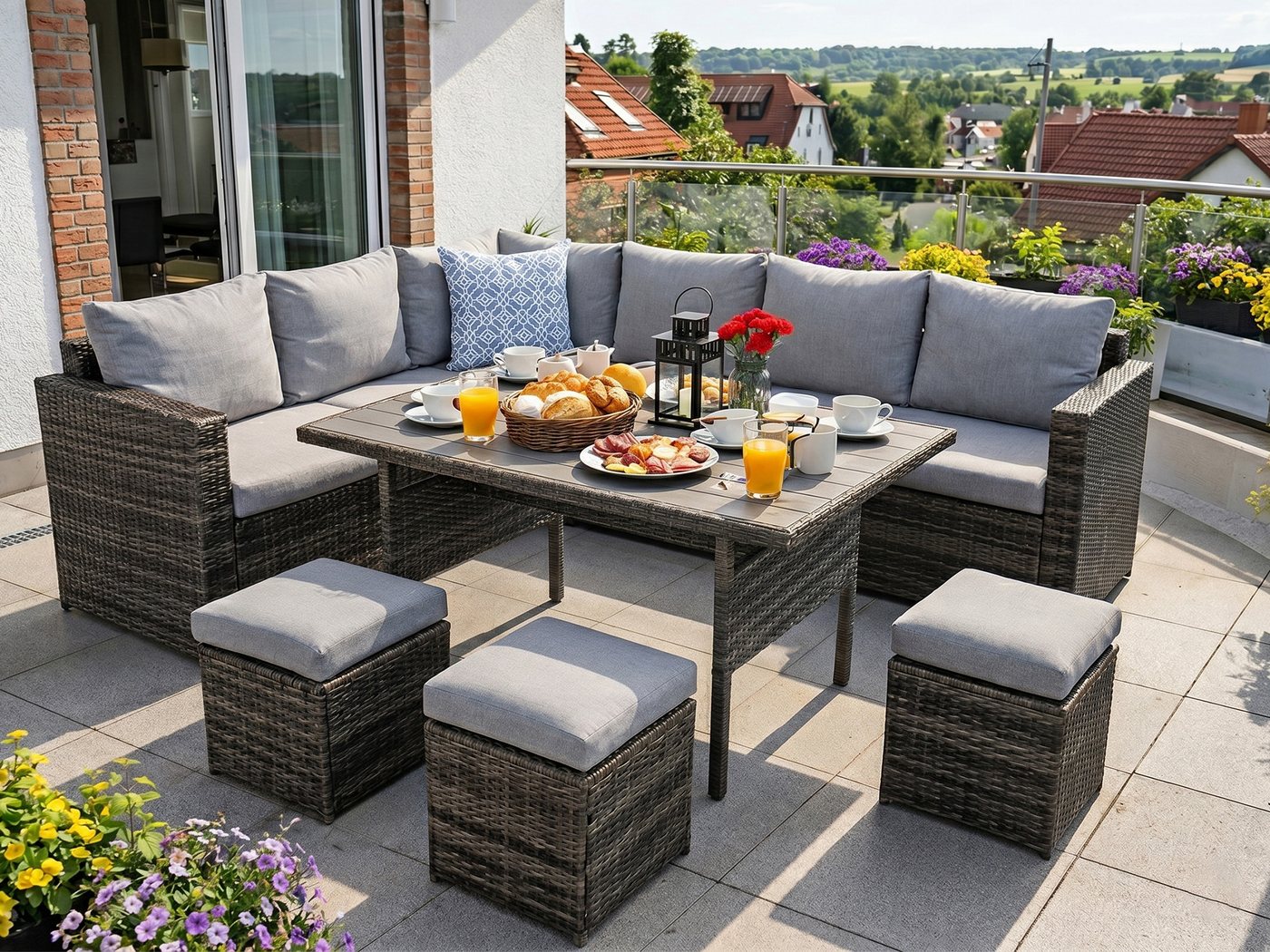 MeXo Gartenlounge-Set Polyrattan Gartenmöbel Set 8 Personen mit Esstisch, (Belastbarkeit pro Sitzplatz bis zu 140kg, 7-tlg., 3x Hocker, 2x 2er Sofa, 1xEcksofa, Tisch 132x76x67cm, Inkl. Auflagen), wetterfestes Loungemöbel Set für Terrasse und Garten