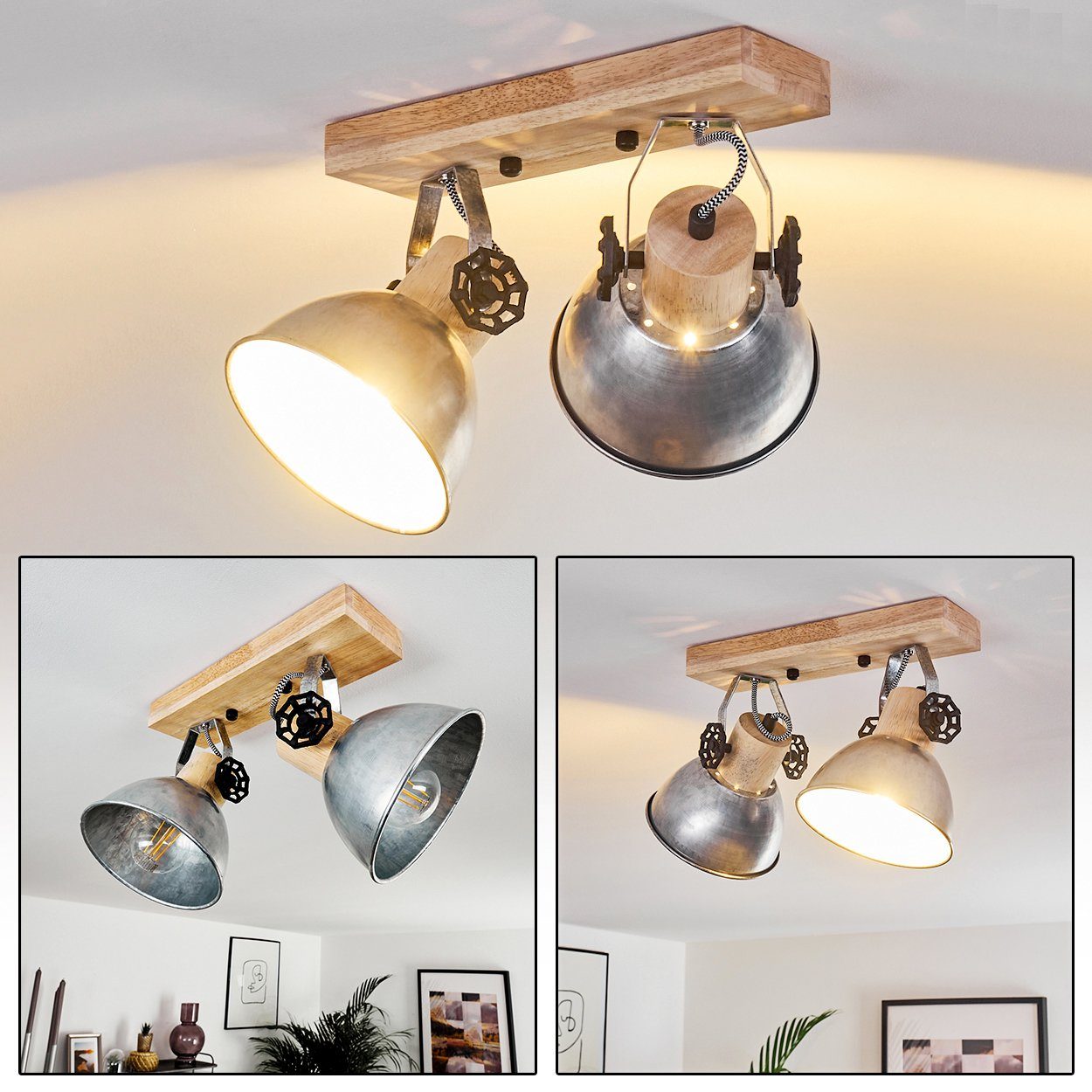 hofstein Deckenleuchte »Cotes« Deckenlampe aus Metall/Holz in Zink/Braun, ohne Leuchtmittel, mit verstellbaren Strahlern, 2xE27, Spot im Retro/Vintage Design