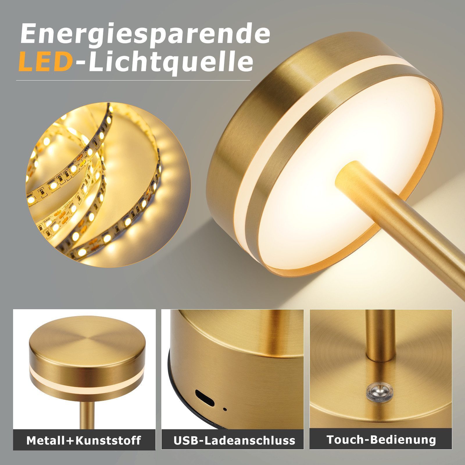 Nettlife LED Tischleuchte Modern Gold/Weiß/Schwarz/Silber Kabellose Nachttischlampe USB-C, Touch Dimmbar, LED fest integriert, Modern Tischlampe für Schlafzimme – Bild 3 von 5