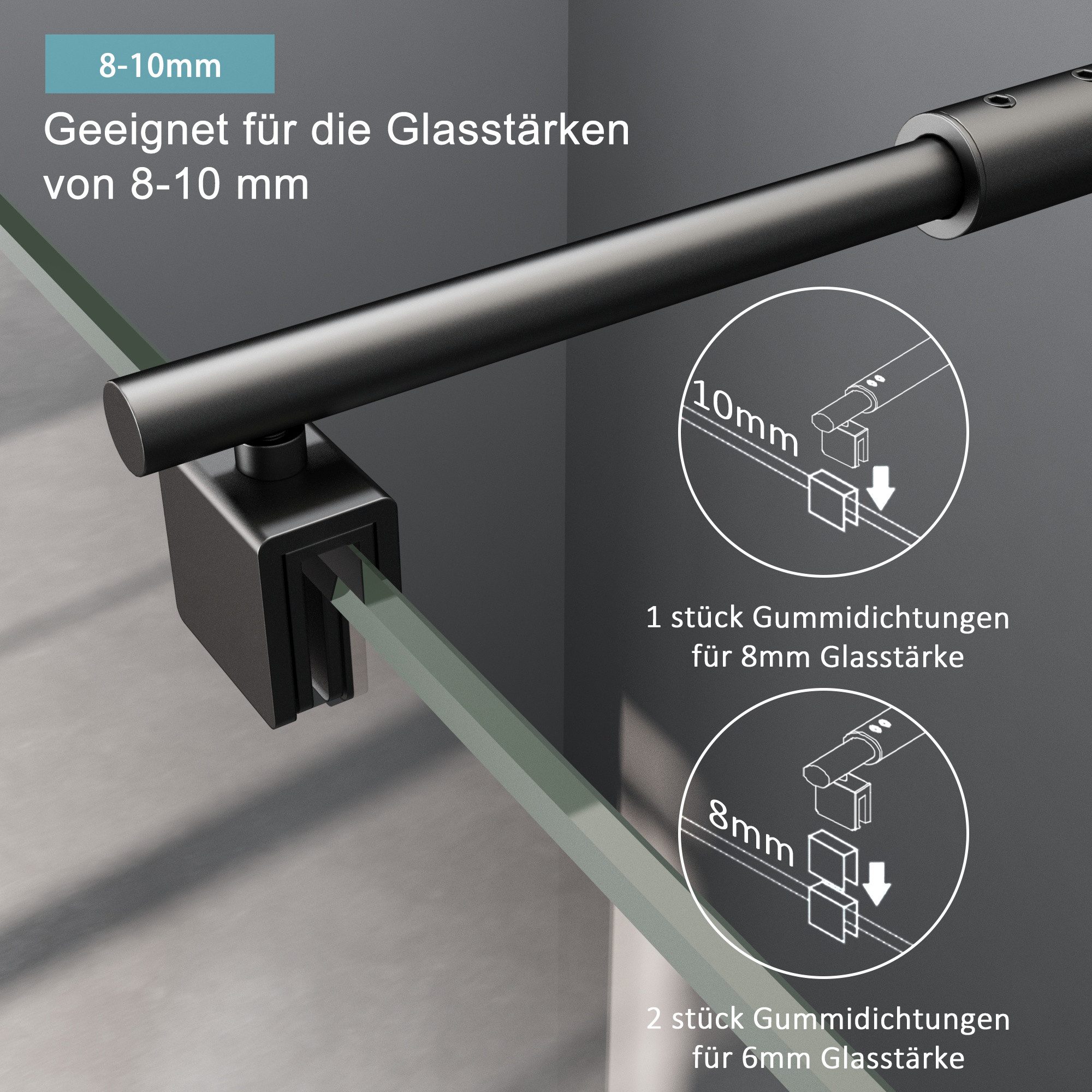 Boromal Duschwand-Stabilisationsstange Schwarz für 8-10mm haltestange duschwand 73-123cm 180° Drehbar, (Stabilisator, Rund), für Walk In Duschwand Duschabtrennu – Bild 3 von 5