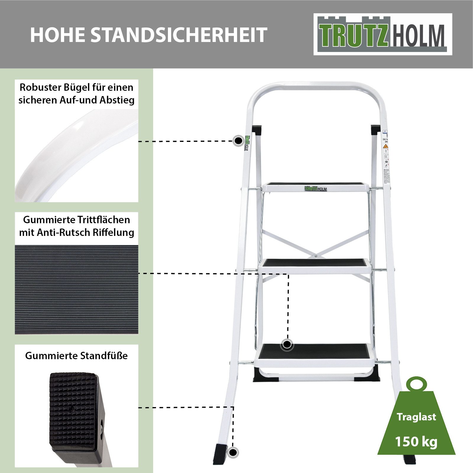 TRUTZHOLM Klapptritt Trittleiter 3-stufig klappbar TÜV/GS 150 kg Trittflächen Klapptritt, Anti-Rutsch – Bild 4 von 5