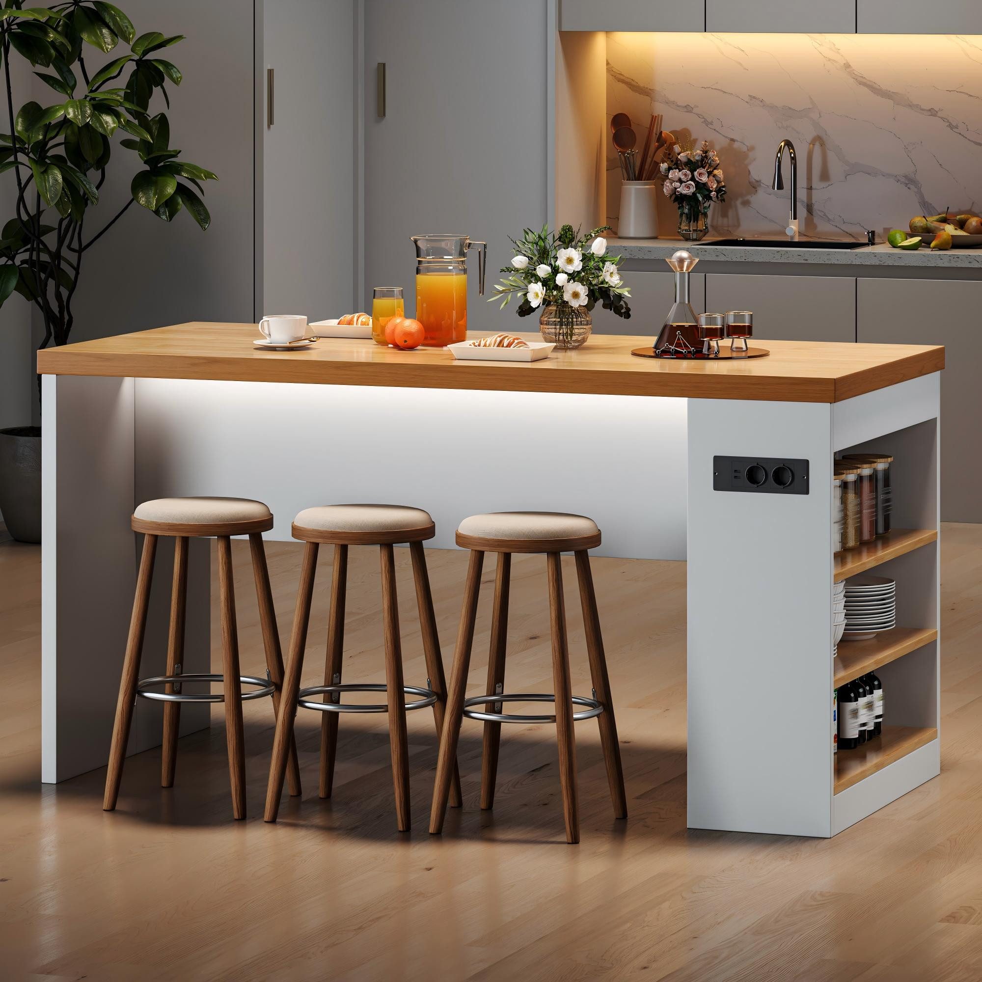 Flieks Kücheninsel mit Arbeitsplatte, LED-Beleuchtung, Steckdose,3 offenen Seitenablagen, (155x80x90 cm, Mehrzweckschrank mit 2xAC+2xUSB), multifunktional Küchenschrank mit Ladenfunktion, Holzoptik & Weiß