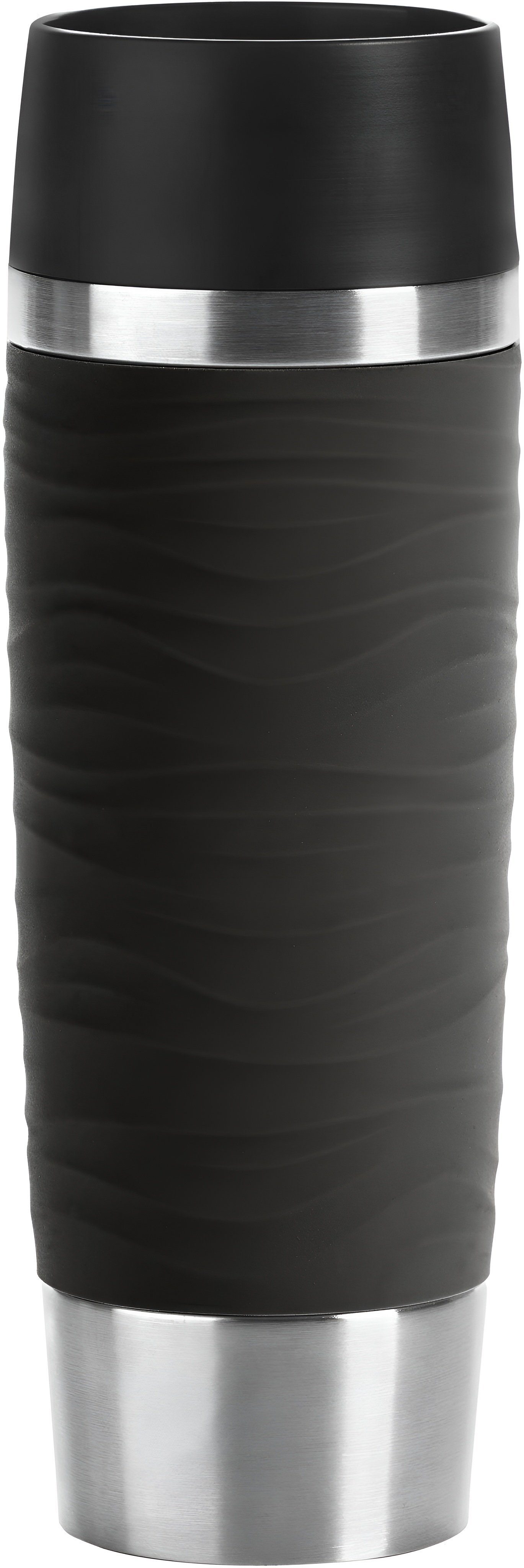 Emsa Thermobecher Travel Mug Grande, 100% dicht, 360°-Trinköffnung Kalt Heiss schwarz, Silikon-Manschette, Quick Press Verschluss Isolierbecher Hält bis 4/ 8h
