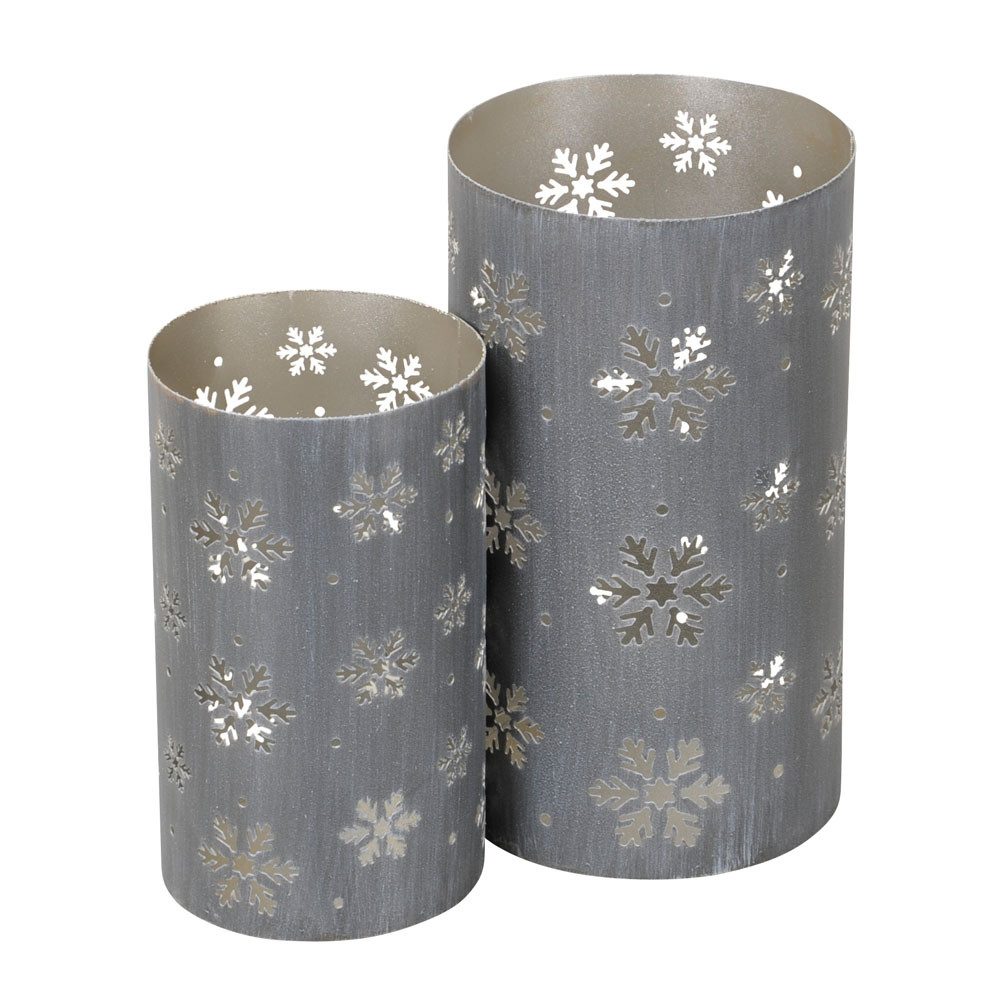 Posiwio Windlicht 2tlg. Windlicht SCHNEEFLOCKE grau silber aus Metall H22/28cm (2 Größen