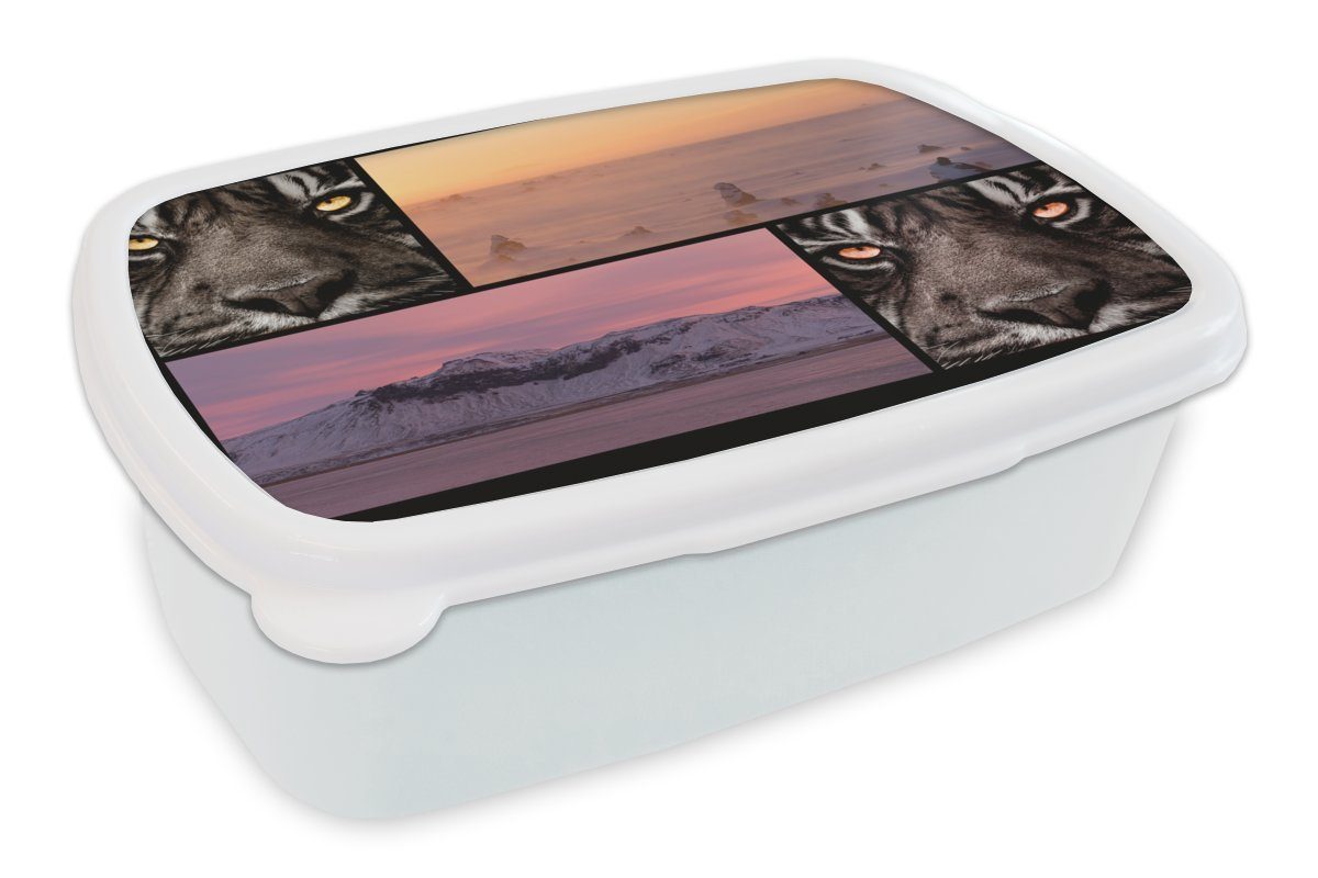 MuchoWow Lunchbox Tiger für Kunststoff, für Kinder Erwachsene, - und und Collage weiß (2-tlg), - Brotdose, Mädchen Sonnenuntergang, - Jungs Natur Brotbox
