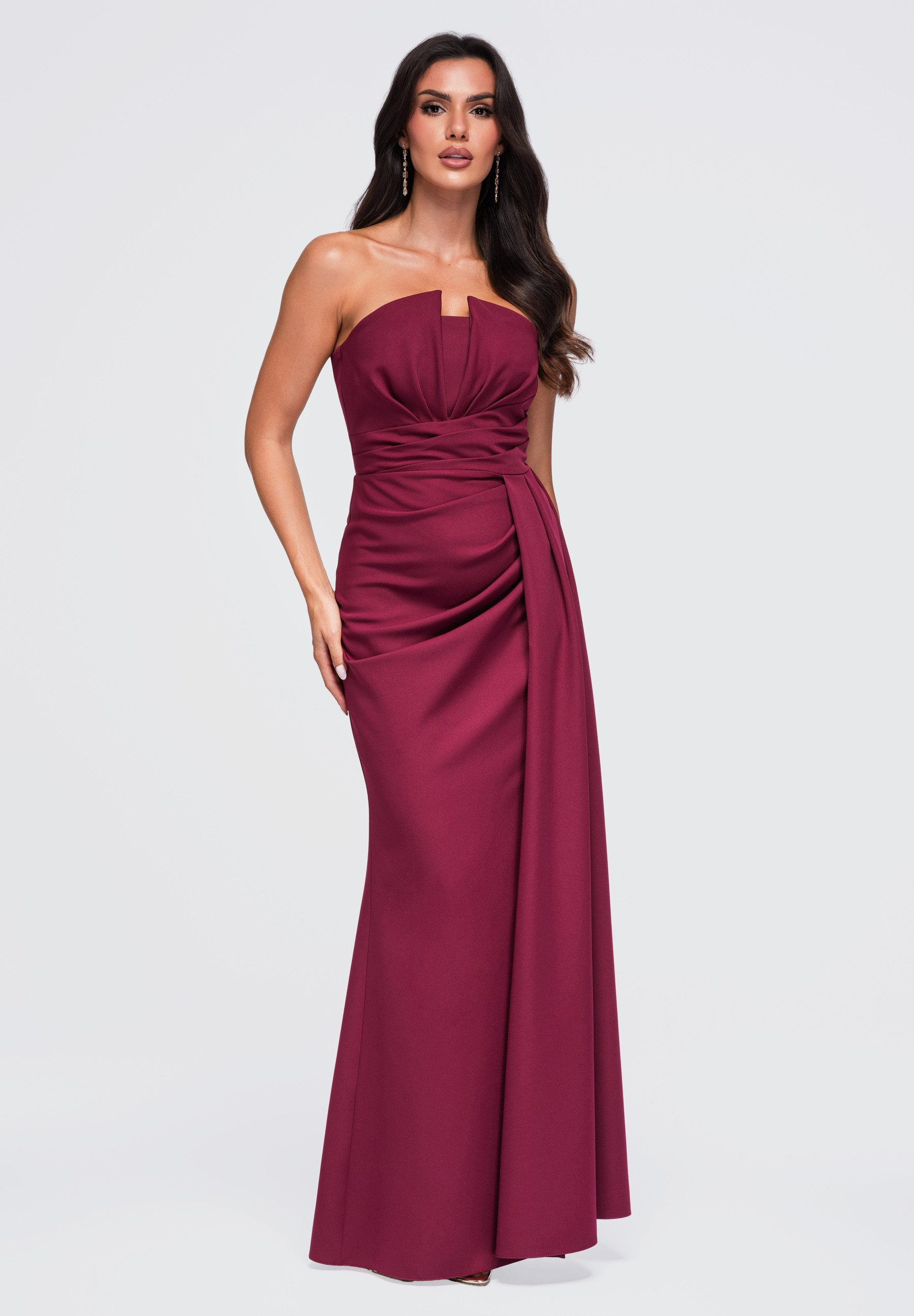 OMBRE Abendkleid Abendkleid Maxi mit strapless Dekolleté und Gürteldetails Bordeaux L (kein Set, 1-tlg) in Unifarbe