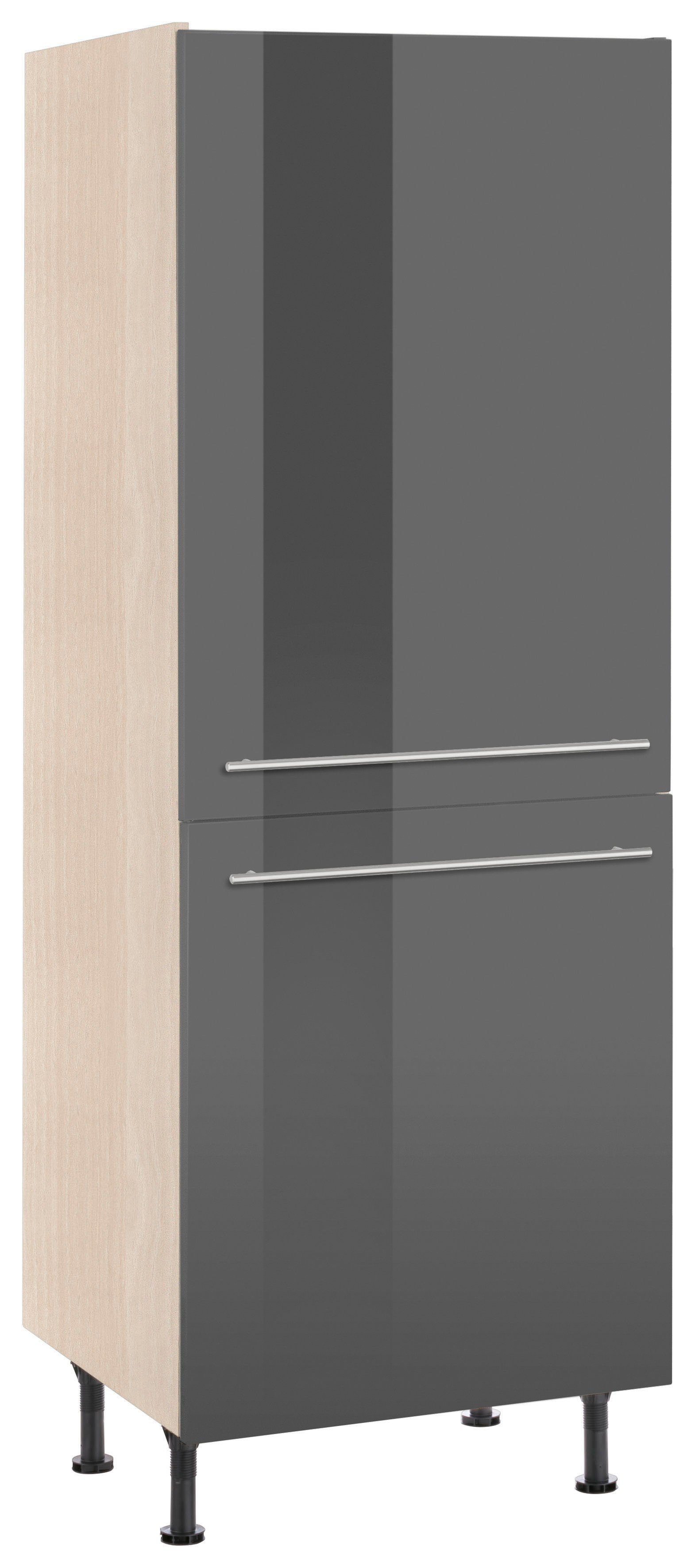 OPTIFIT Hochschrank Bern 60 cm breit, 176 cm hoch, mit höhenverstellbaren Stellfüßen grau Hochglanz/akaziefarben | akaziefarben