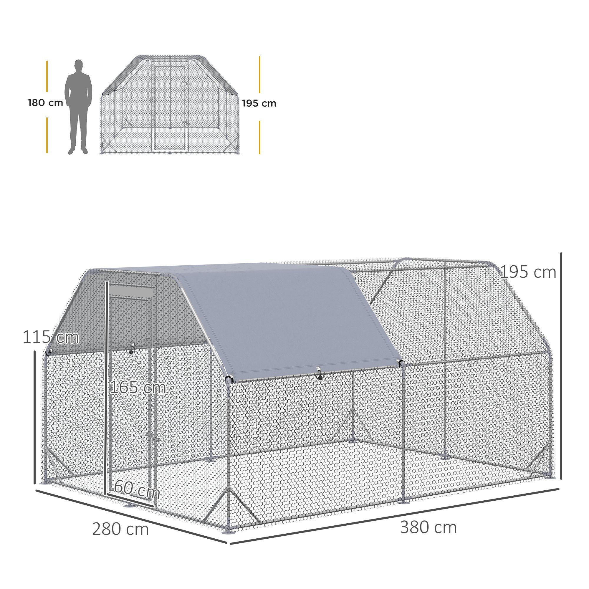 PawHut Hühnerstall Freilaufgehege, Hühnerkäfig mit Tür, Sonnenschutzdach, für Garten, Silber+Grau